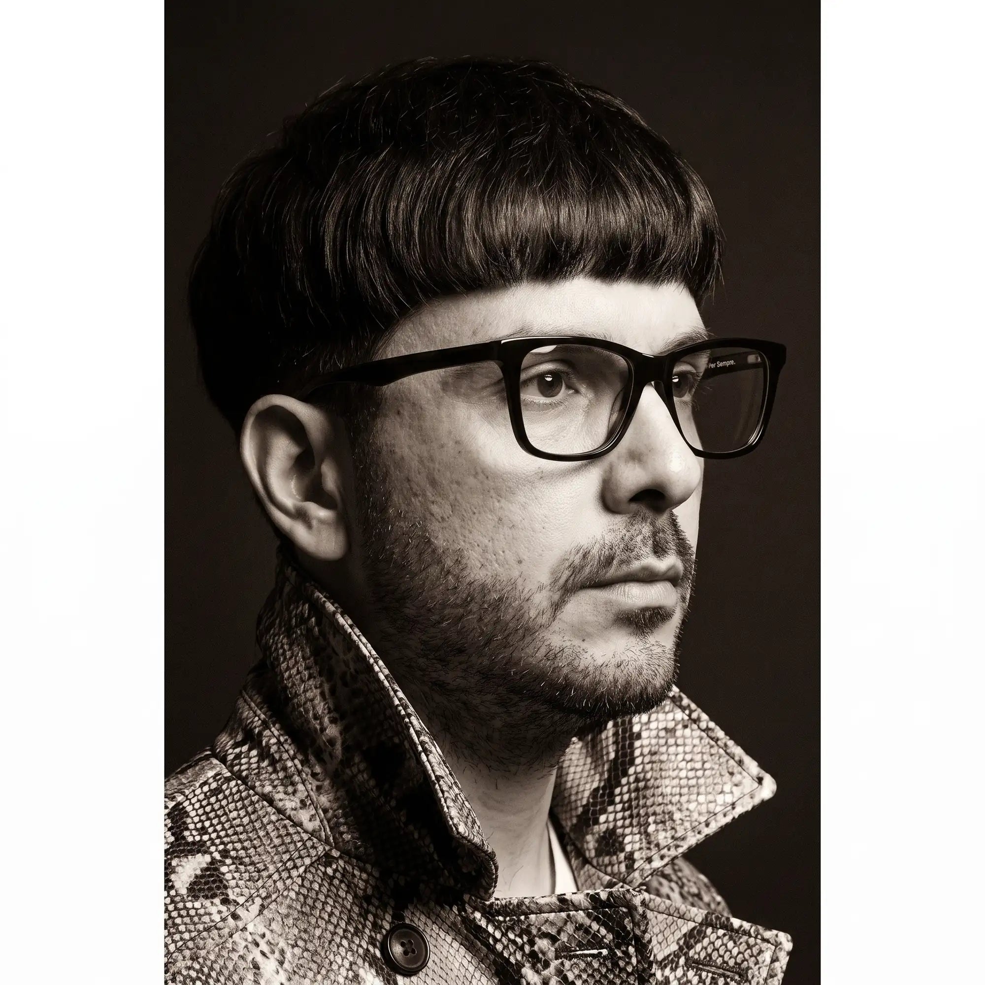 Fiore 5228 eyeglasses in green, worn by a model – campaign portrait, monochrome studio portrait, red graphic accents
