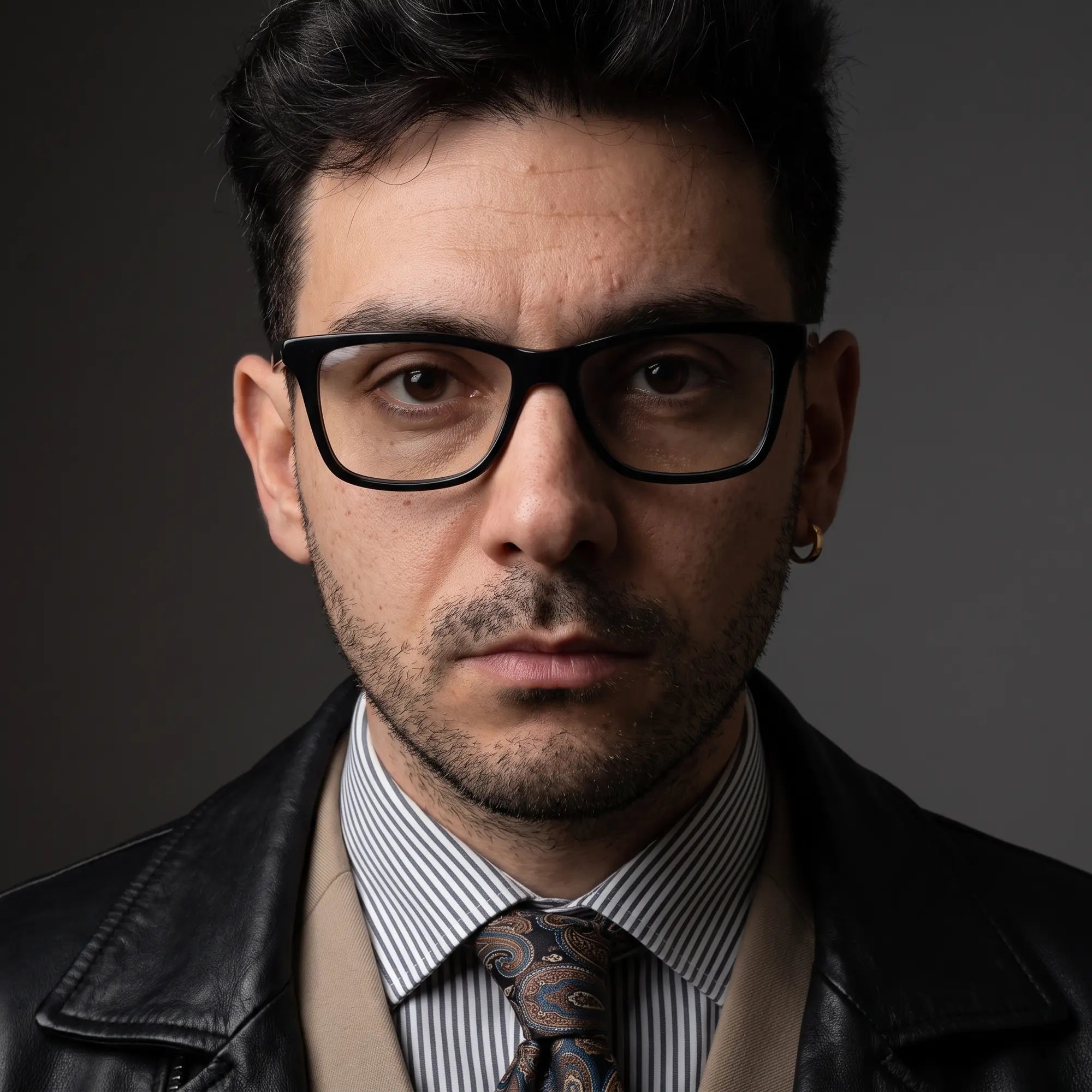 Fiore 5228 eyeglasses in green, worn by a model – campaign portrait, minimal studio portrait in soft daylight