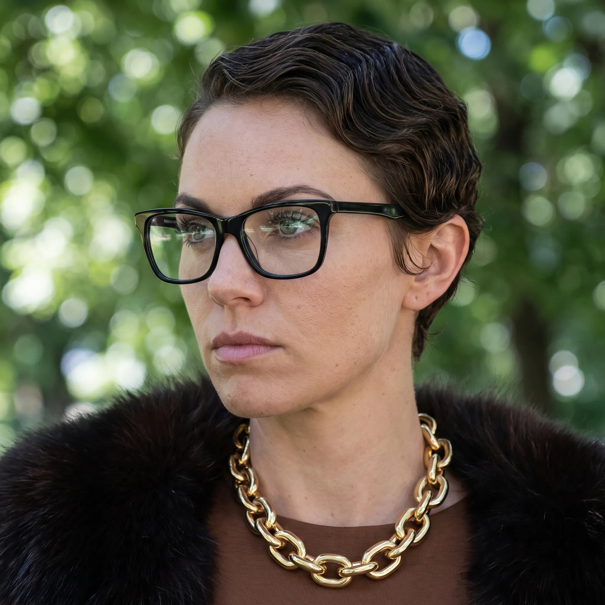 Fiore 5228 eyeglasses in green, worn by a model – campaign portrait, fur-collar portrait in dappled daylight