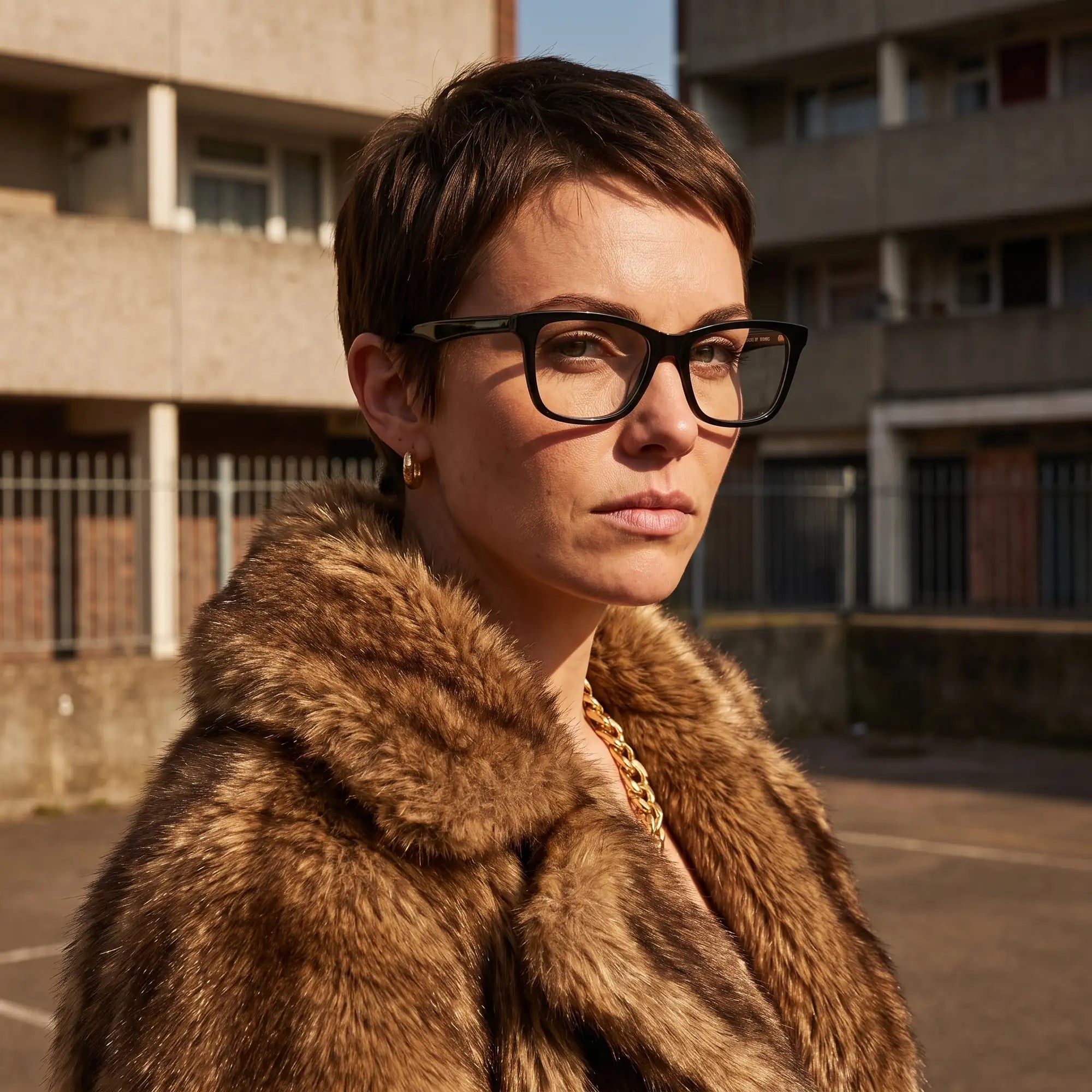 Fiore 5228 eyeglasses in green, worn by a model – campaign portrait, street portrait rooted in city heritage
