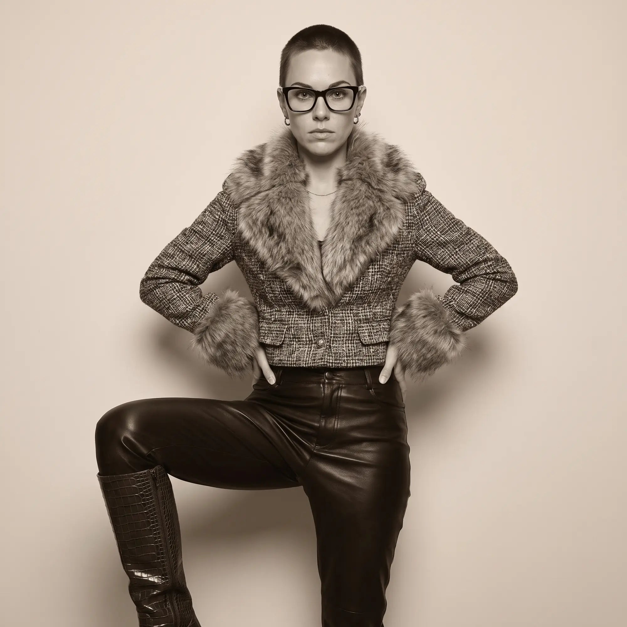 Fiore 5228 eyeglasses in green, worn by a model – campaign portrait, full-length studio portrait in tweed and leather