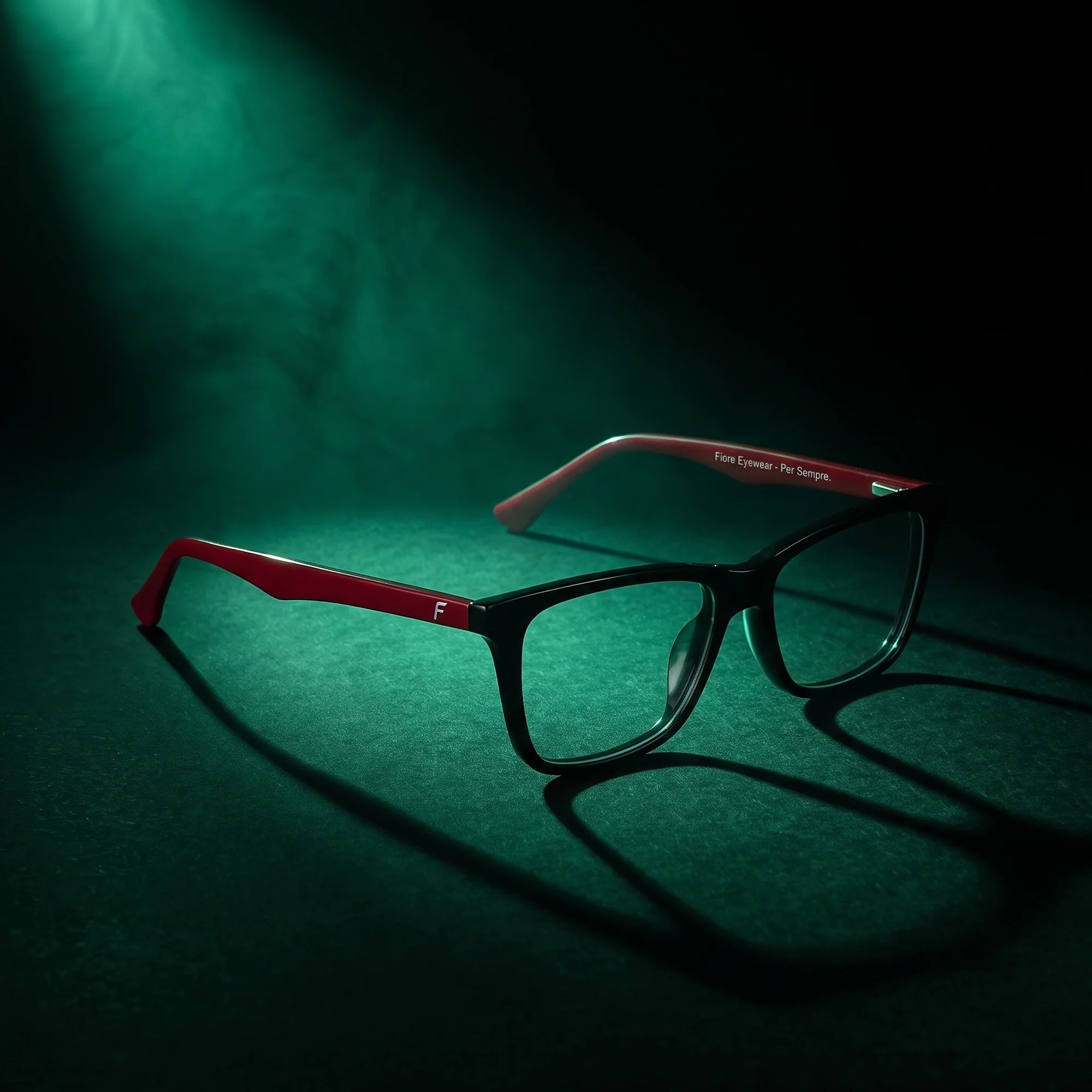 Fiore 5228 eyeglasses in black – under a theatrical beam of light
