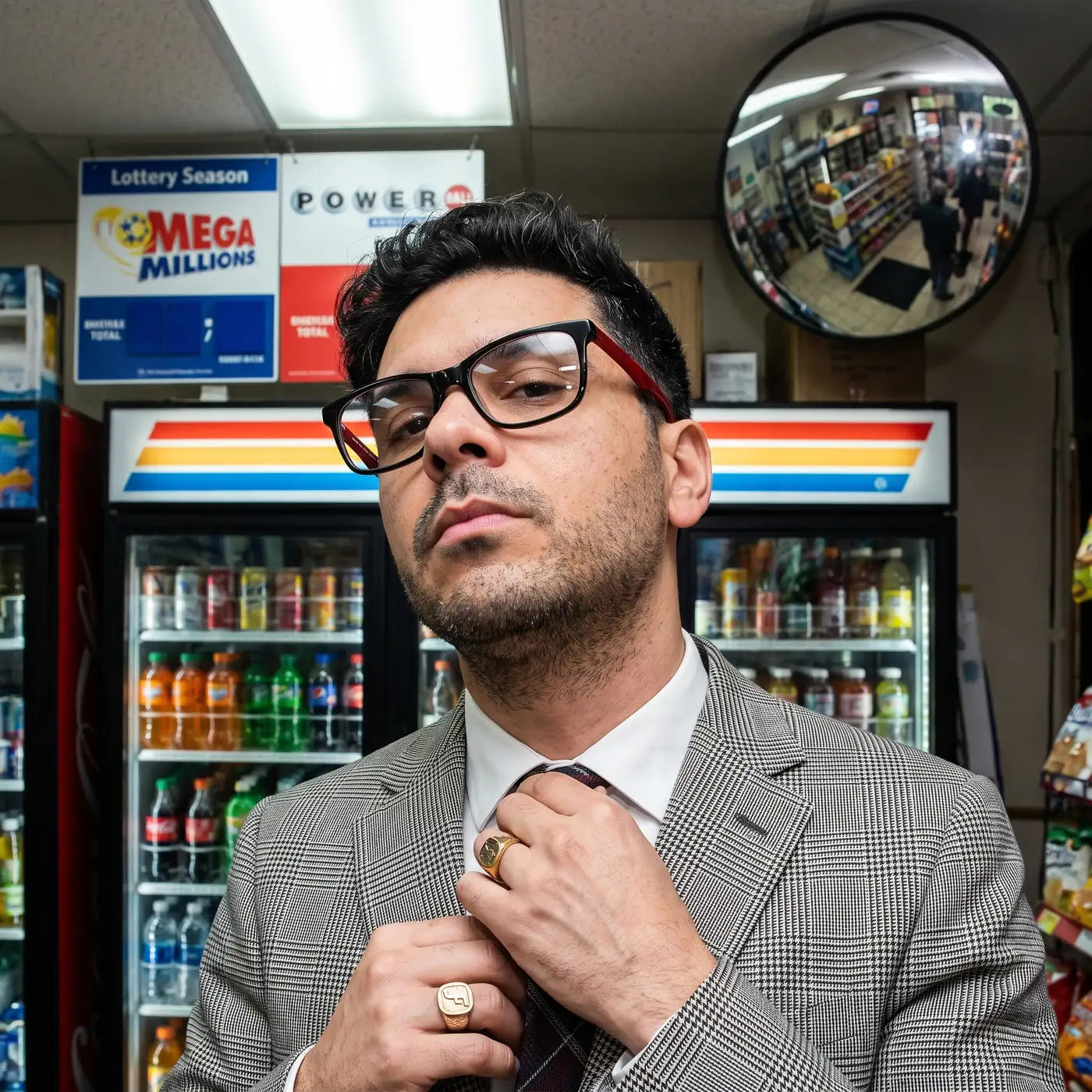 Fiore 5228 eyeglasses in black, worn by a model – campaign portrait, city heritage portrait on a mural wall