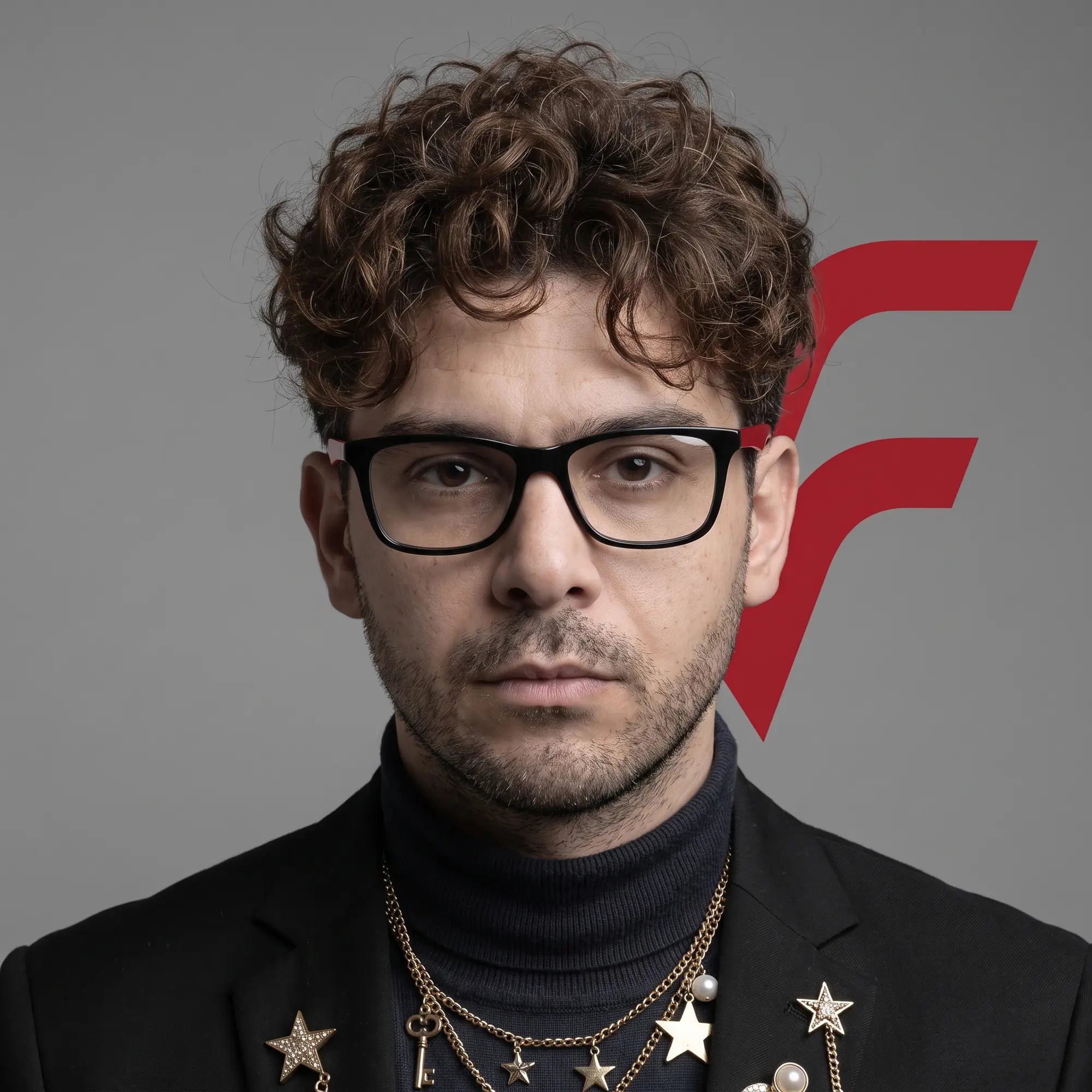 Fiore 5228 eyeglasses in black, worn by a model – campaign portrait, graphic studio portrait with bold red shapes