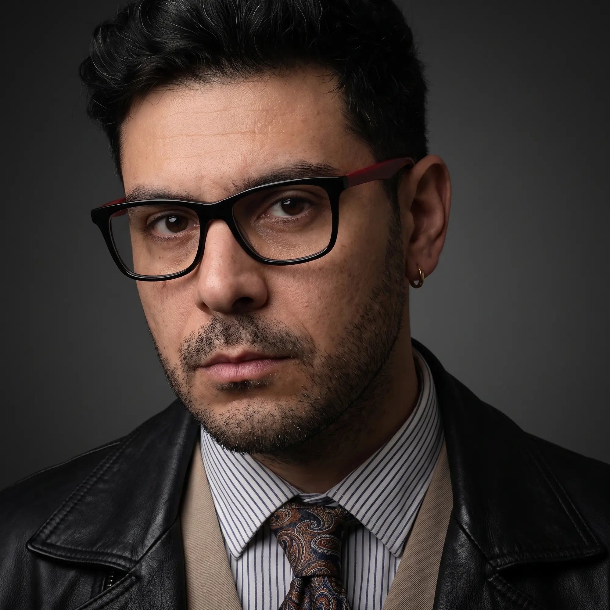 Fiore 5228 eyeglasses in black, worn by a model – campaign portrait, minimal studio portrait in soft daylight