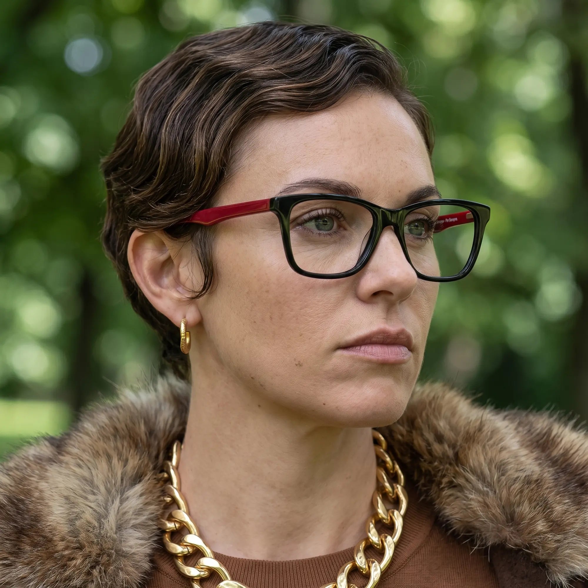 Fiore 5228 eyeglasses in black, worn by a model – campaign portrait, fur-collar portrait in dappled daylight
