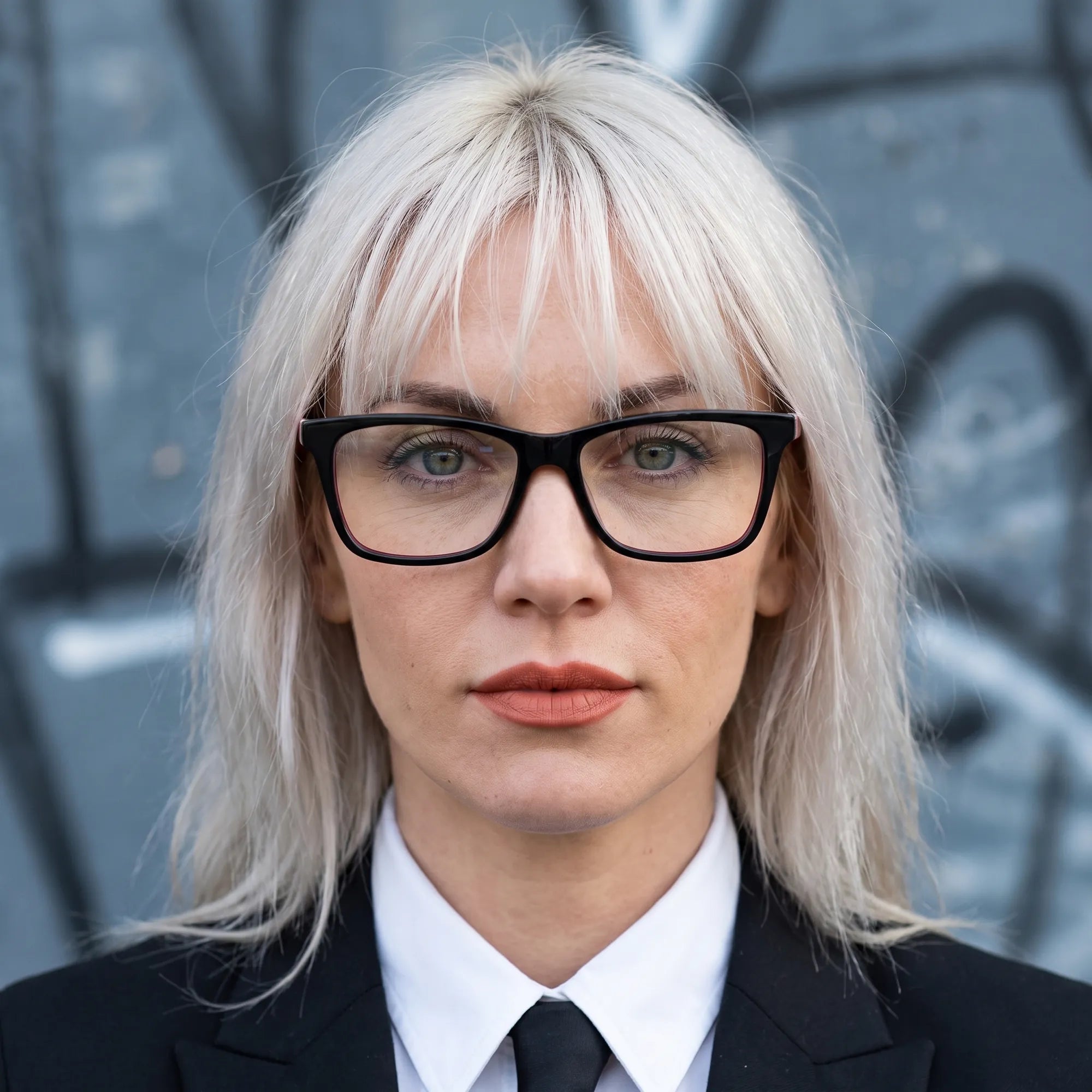 Fiore 5228 eyeglasses in black, worn by a model – campaign portrait, confident portrait with gold chain necklace