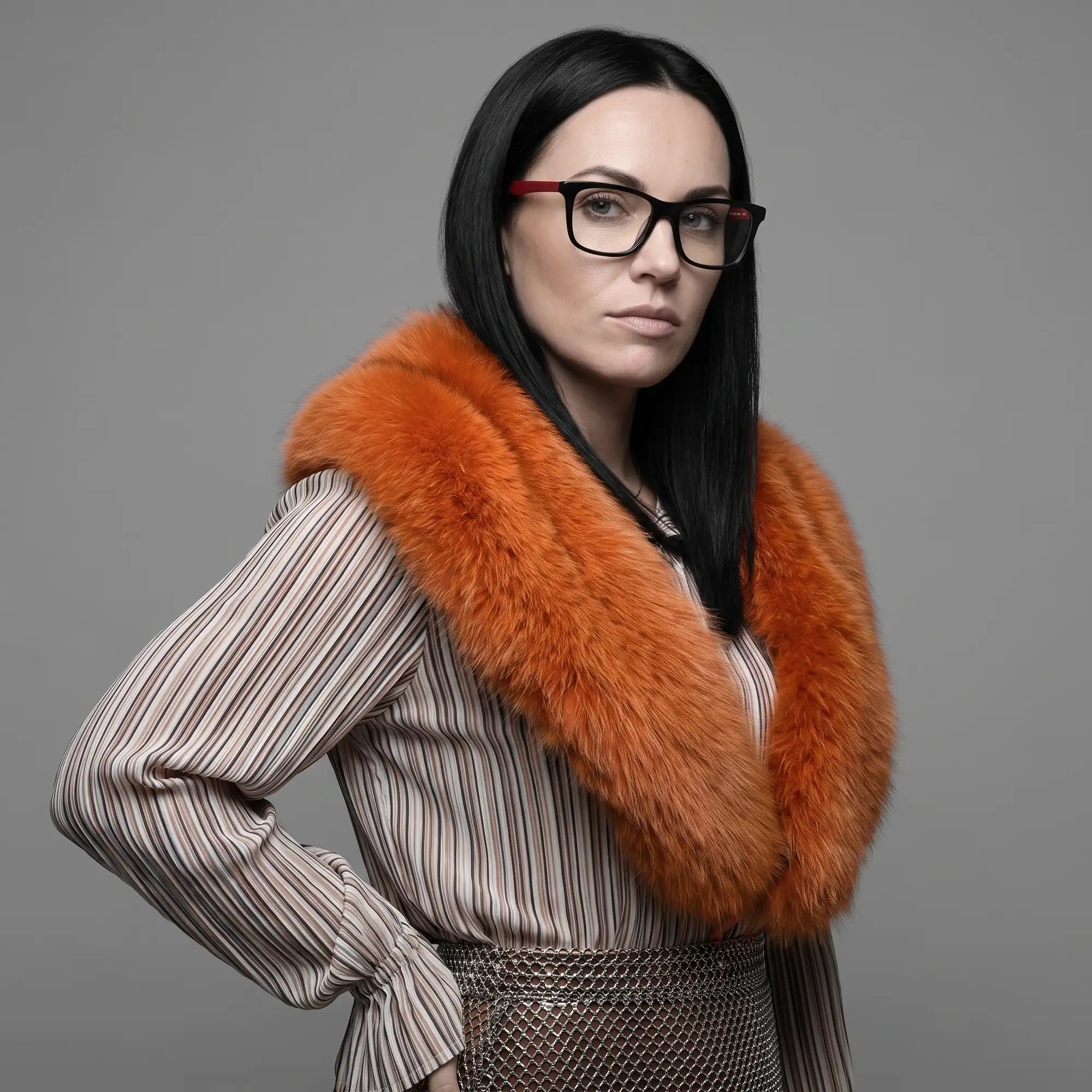Fiore 5228 eyeglasses in black, worn by a model – campaign portrait, bold studio pose in vintage tweed