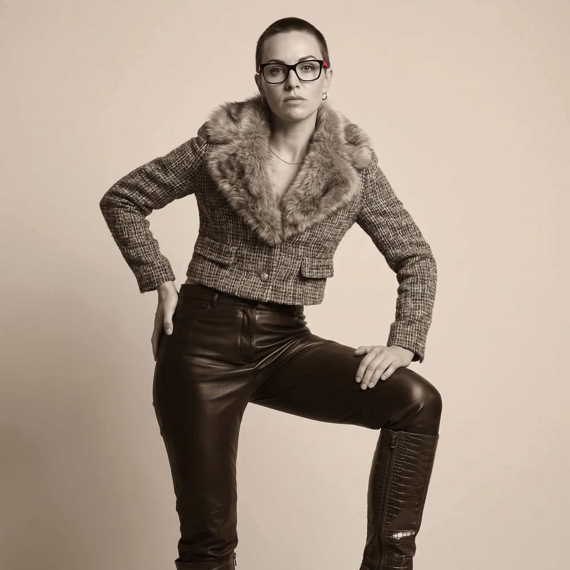 Fiore 5228 eyeglasses in black, worn by a model – campaign portrait, full-length studio portrait in tweed and leather