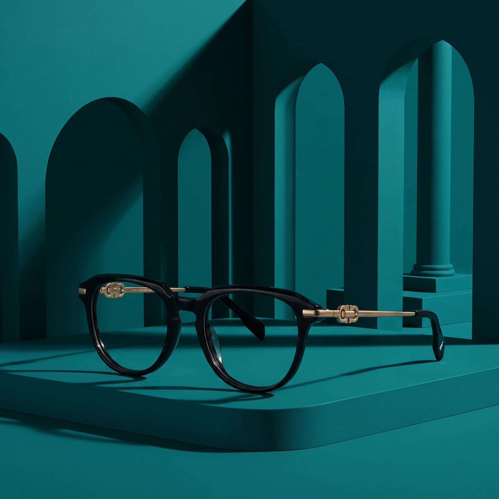 Fiore 5409 eyeglasses in black – still life among monochrome teal arches