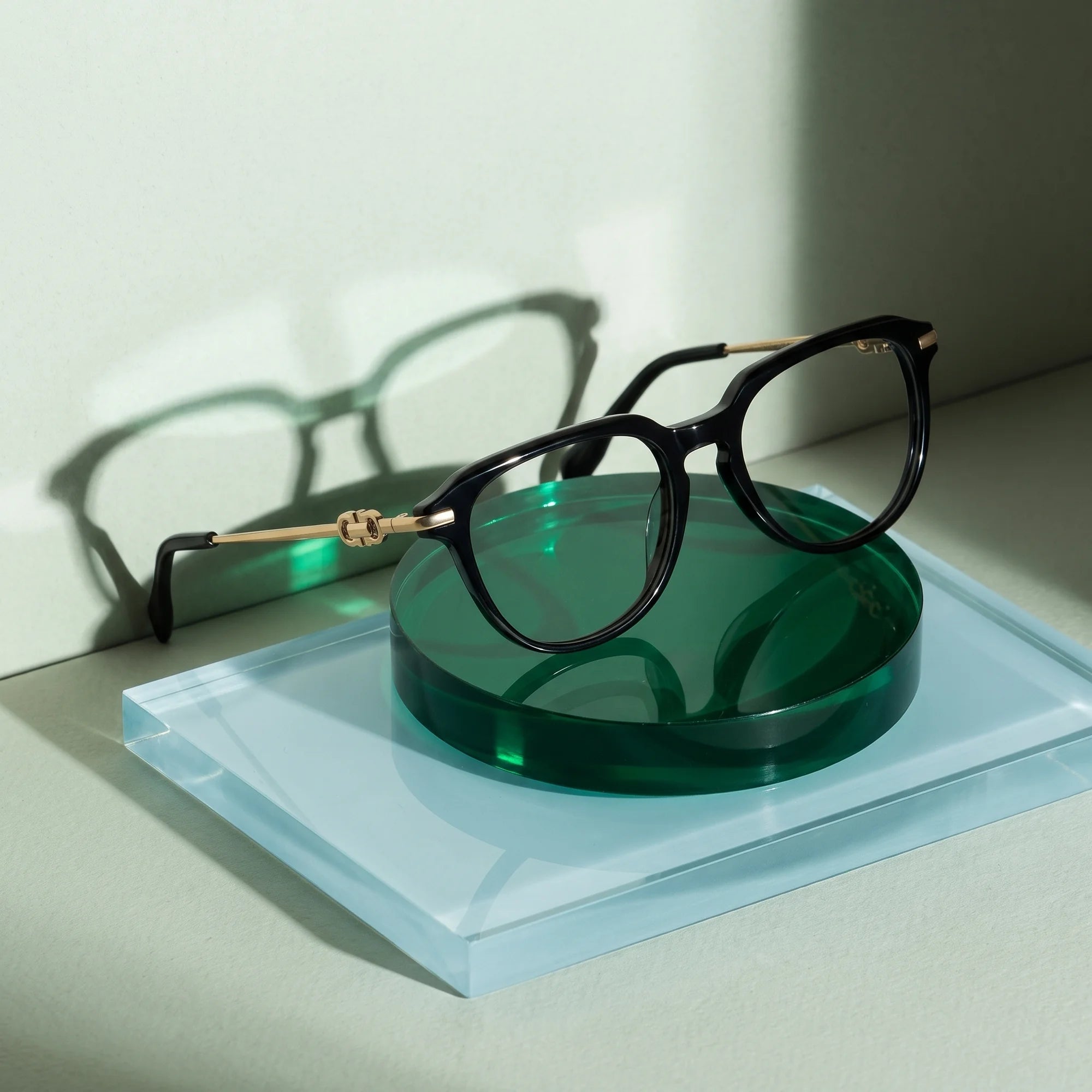 Fiore 5409 eyeglasses in black – on a cobalt acrylic disc in soft daylight