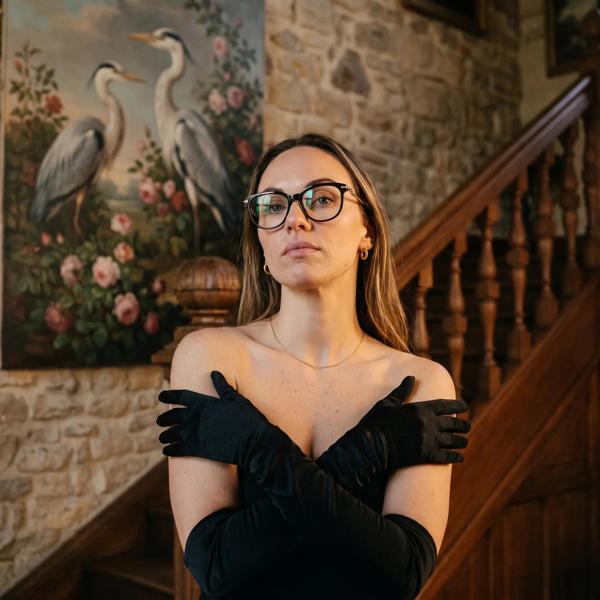 Fiore 5409 eyeglasses in black, worn by a model – campaign portrait, manor interior, heron painting and opera gloves