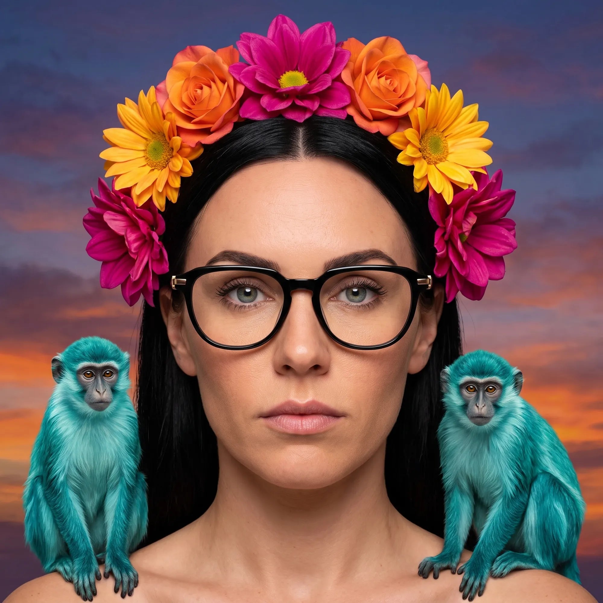 Fiore 5409 eyeglasses in black, worn by a model – campaign portrait, surreal painted portrait with flower crown