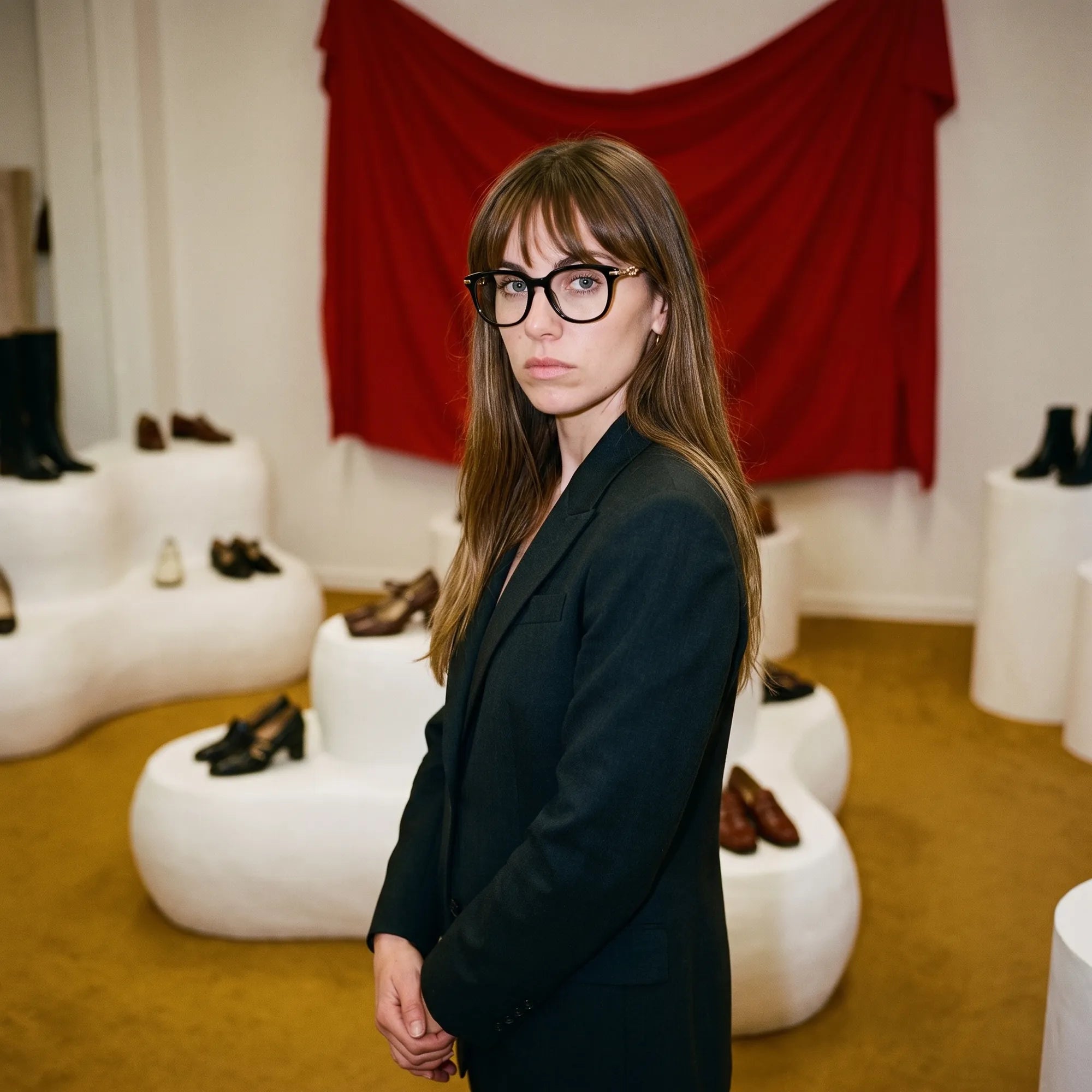 Fiore 5409 eyeglasses in black, worn by a model – campaign portrait, gallery scene with red curtain and plinths