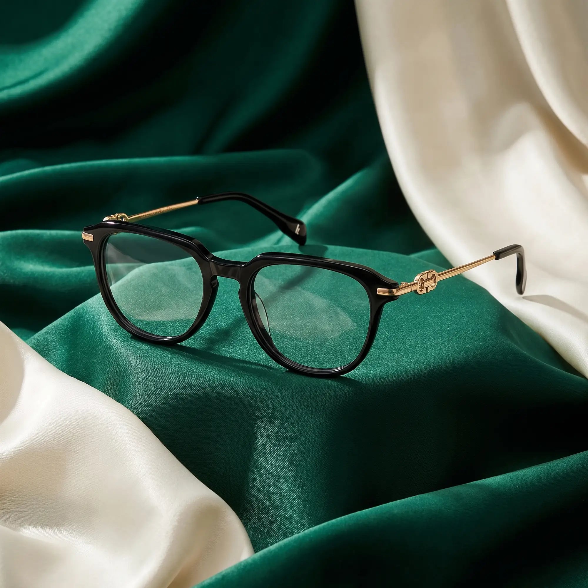 Fiore 5409 eyeglasses in black – resting on draped emerald and ivory silk