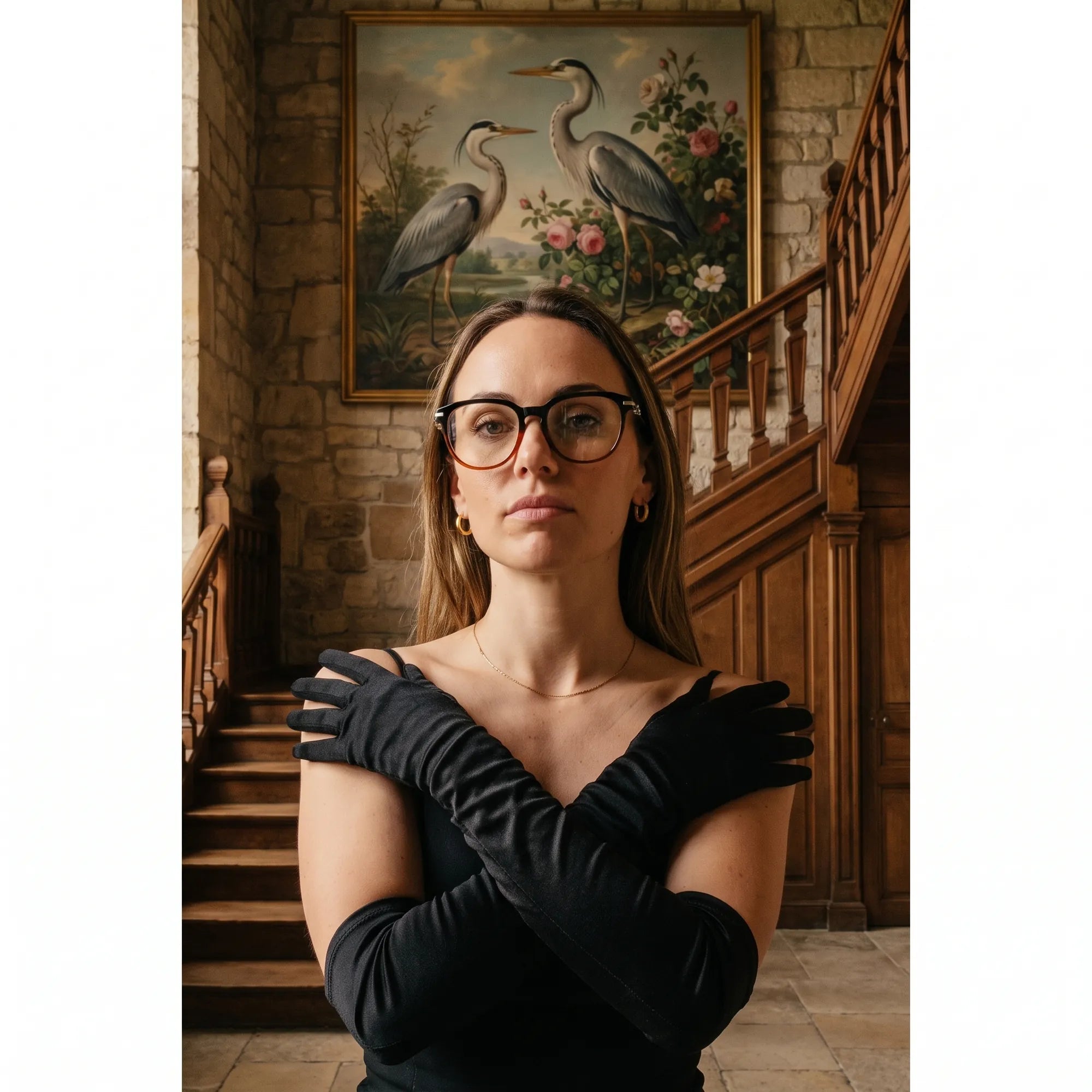 Fiore 5409 eyeglasses in black brown, worn by a model – campaign portrait, manor interior, heron painting and opera gloves
