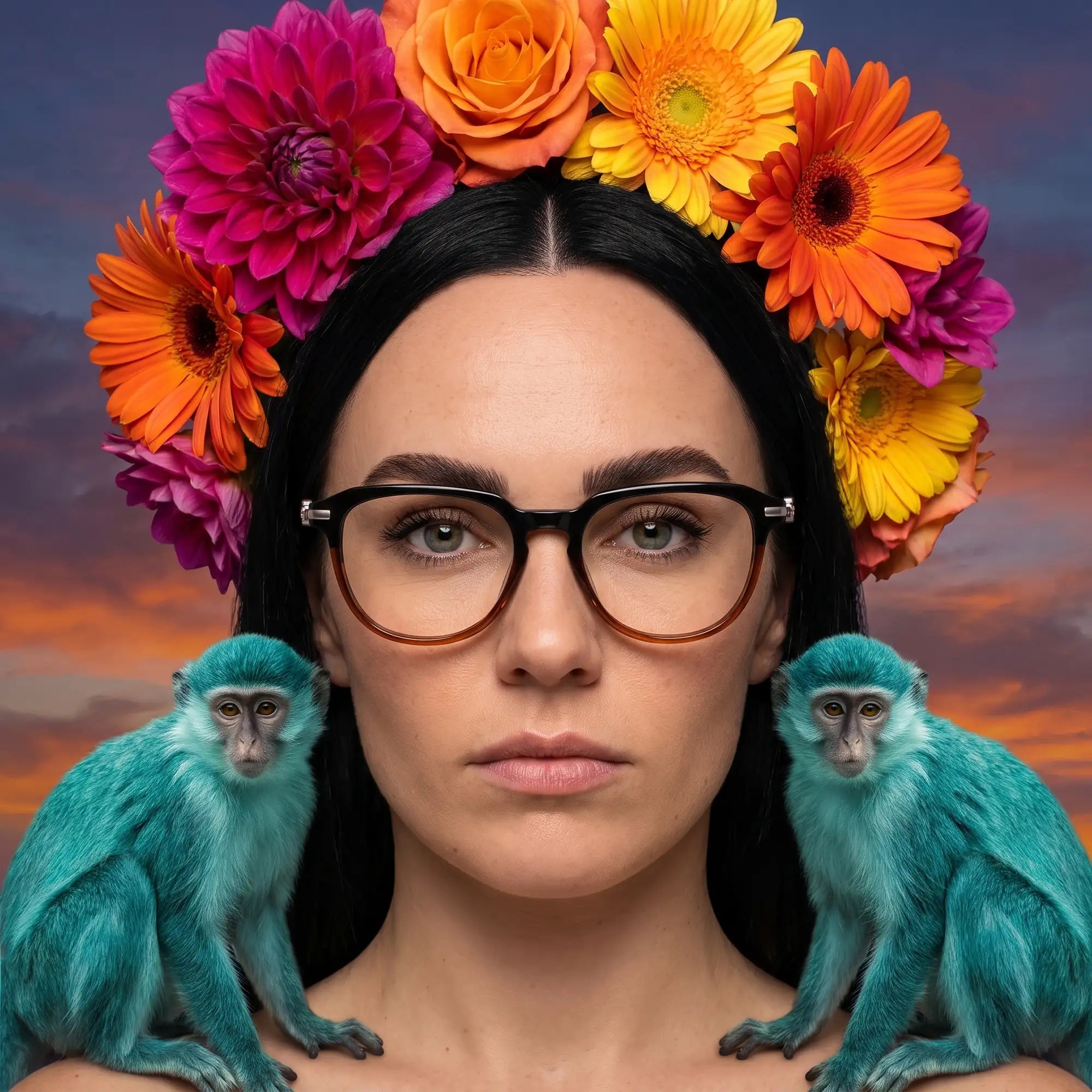 Fiore 5409 eyeglasses in black brown, worn by a model – campaign portrait, surreal painted portrait with flower crown
