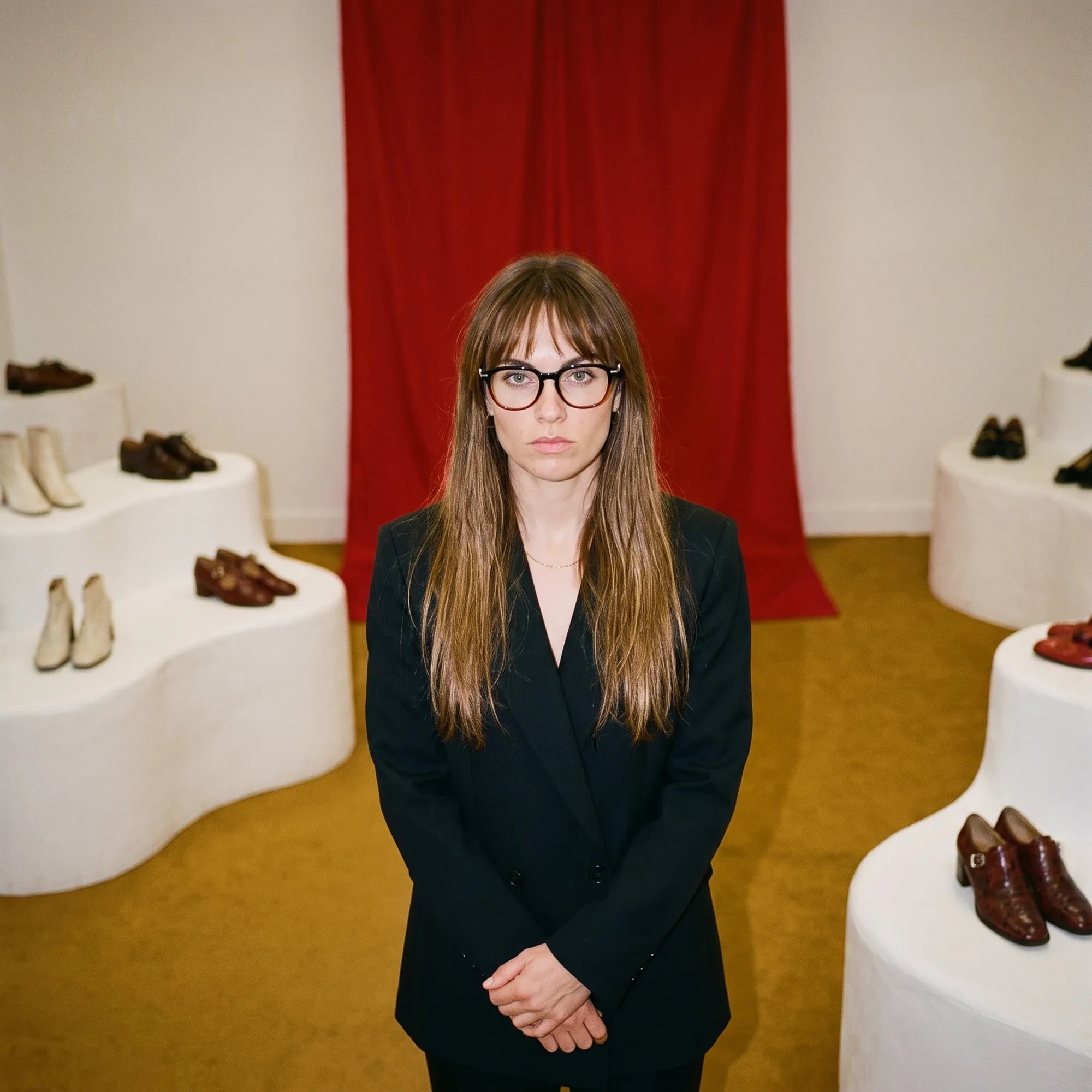 Fiore 5409 eyeglasses in black brown, worn by a model – campaign portrait, gallery scene with red curtain and plinths