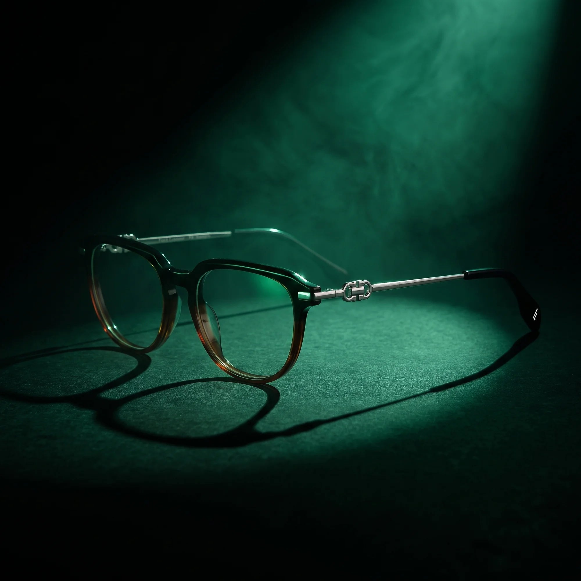 Fiore 5409 eyeglasses in black brown – under a theatrical beam of light