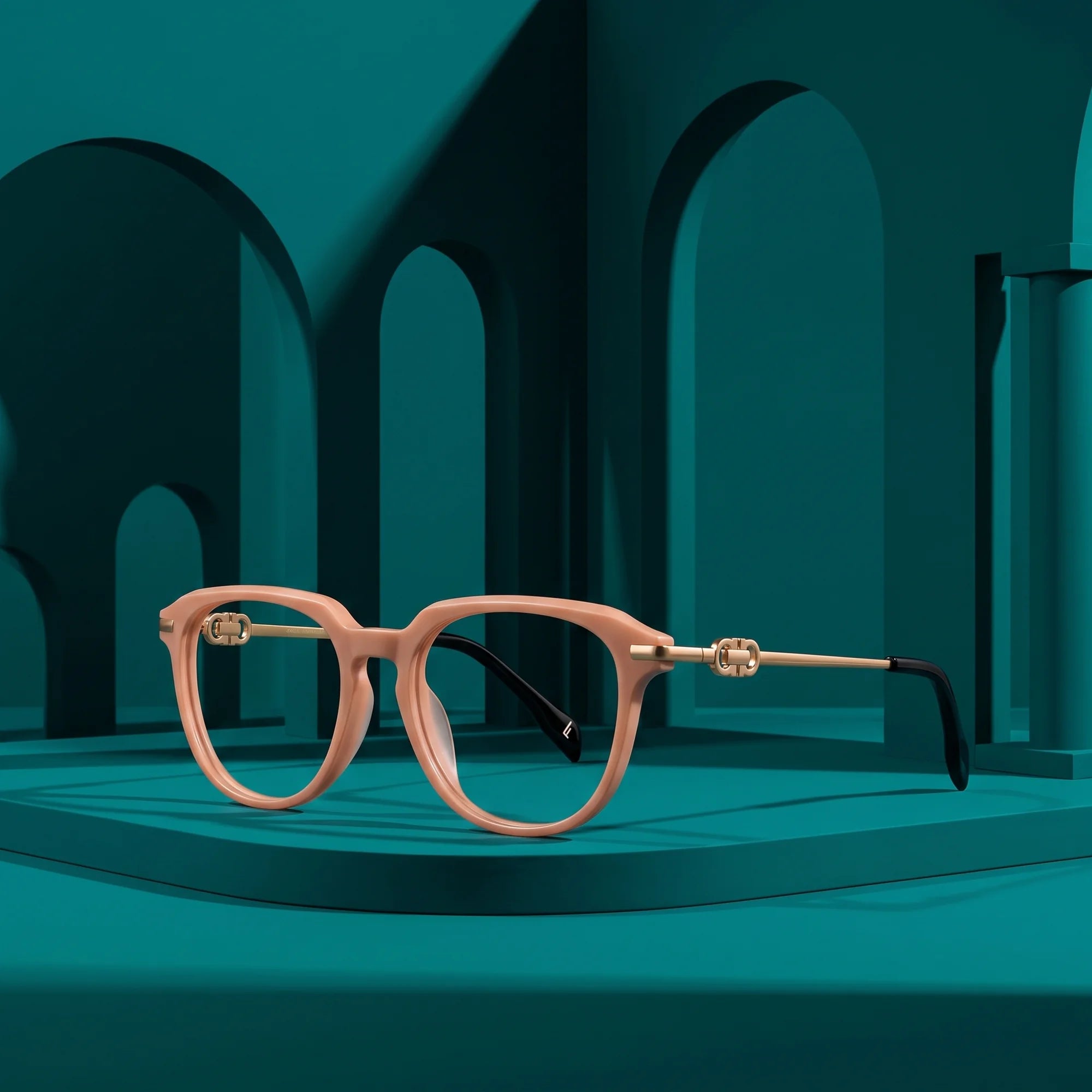 Fiore 5409 eyeglasses in milky white – still life among monochrome teal arches