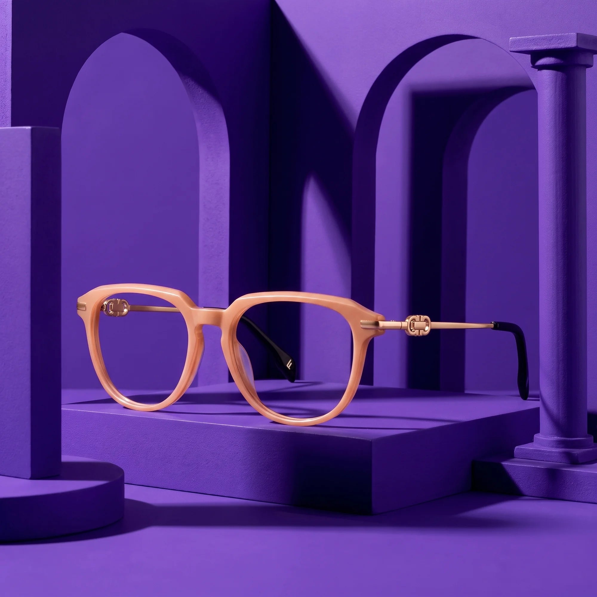 Fiore 5409 eyeglasses in milky white – staged on a sculptural violet architecture set