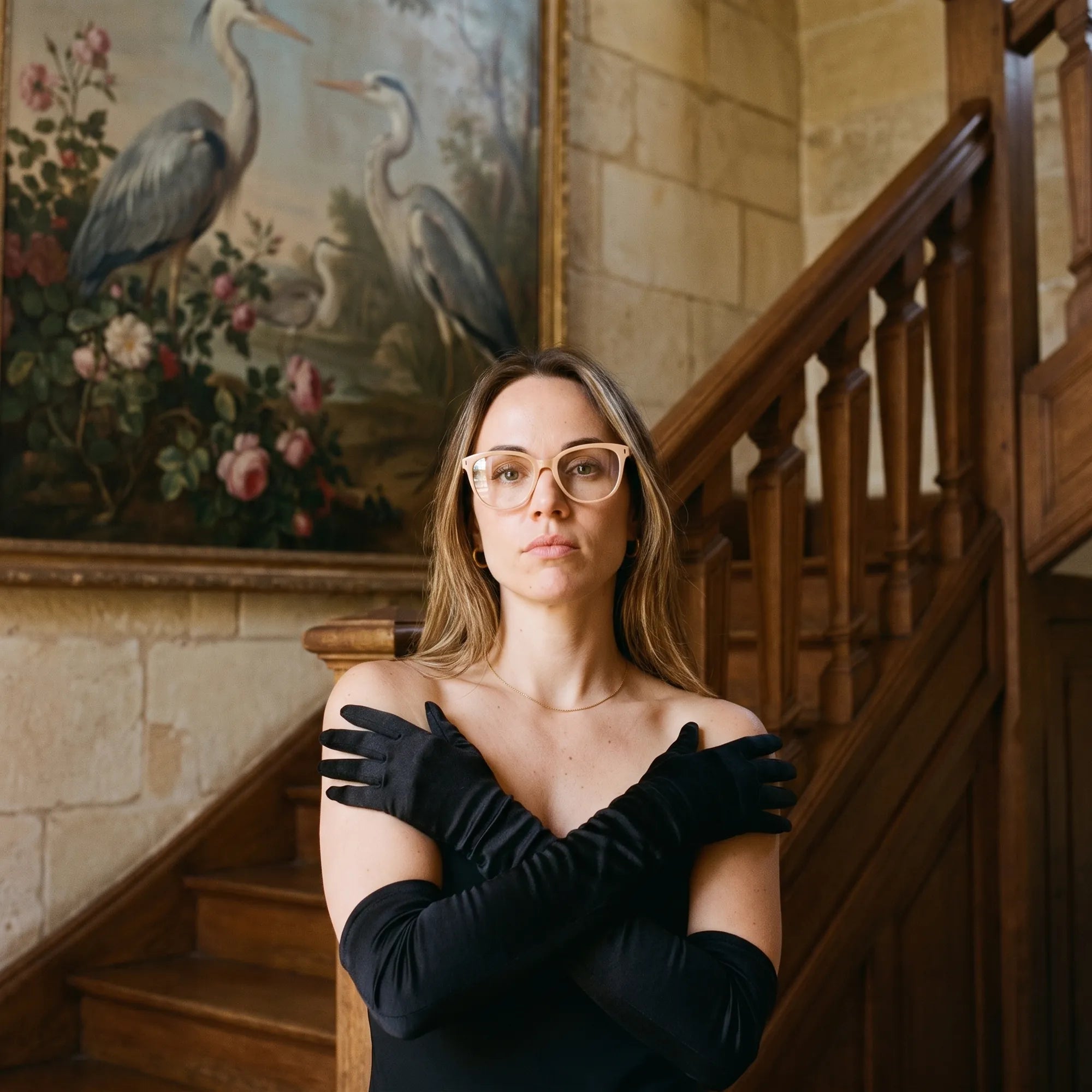 Fiore 5409 eyeglasses in milky white, worn by a model – campaign portrait, manor interior, heron painting and opera gloves