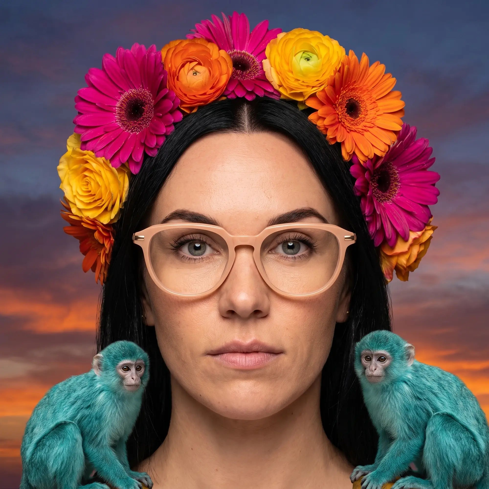 Fiore 5409 eyeglasses in milky white, worn by a model – campaign portrait, surreal painted portrait with flower crown