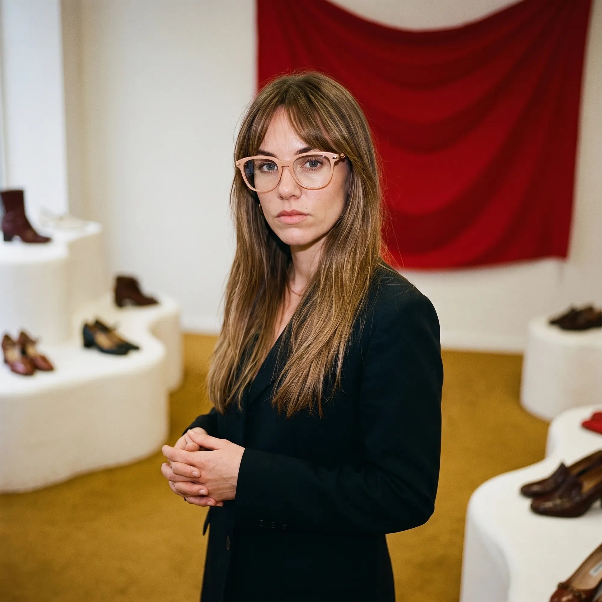Fiore 5409 eyeglasses in milky white, worn by a model – campaign portrait, gallery scene with red curtain and plinths