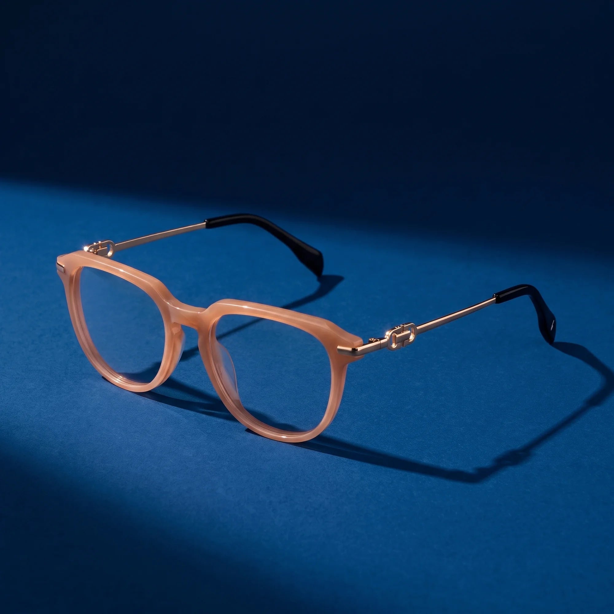 Fiore 5409 eyeglasses in milky white – hero still life against a deep midnight blue backdrop