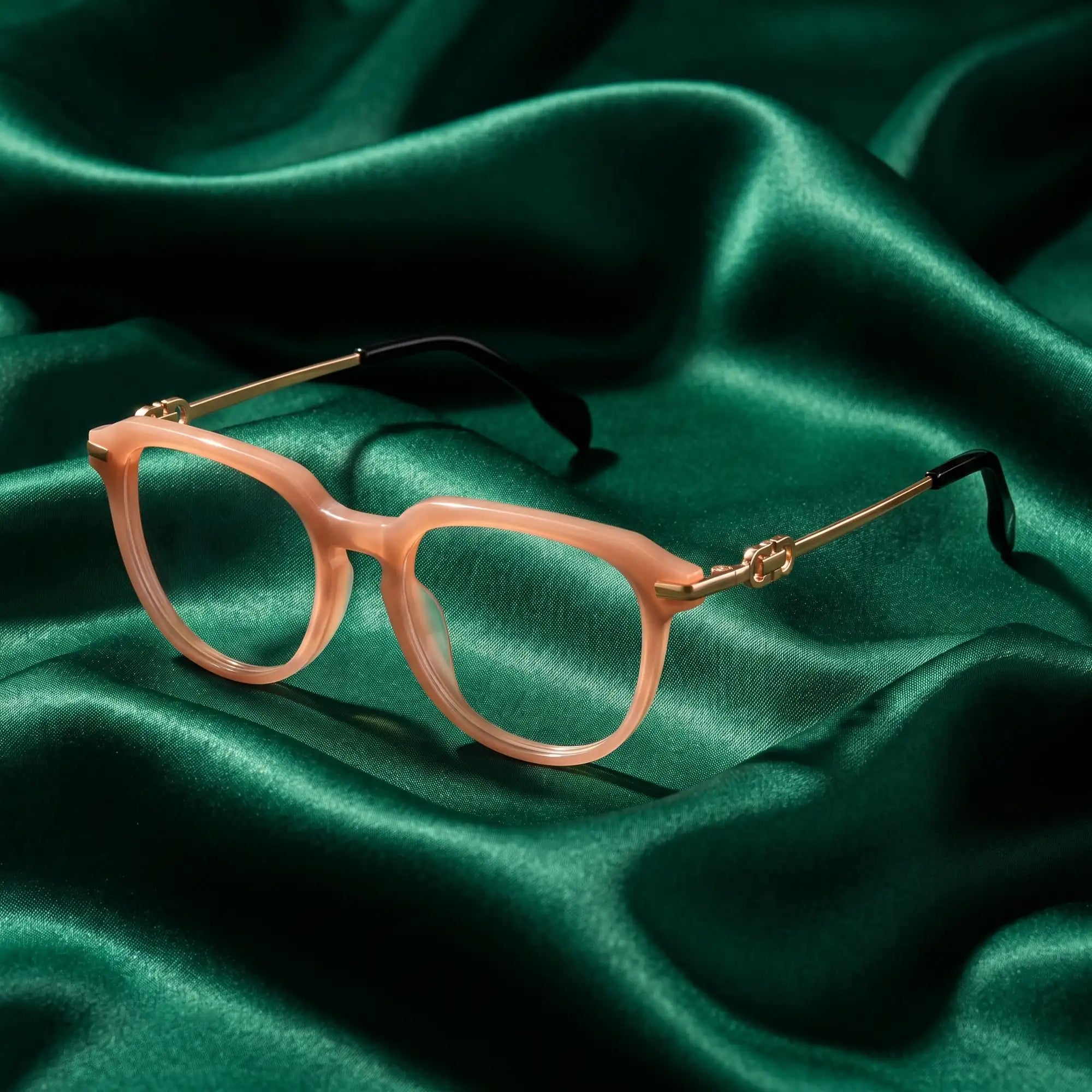 Fiore 5409 eyeglasses in milky white – nested in flowing emerald silk