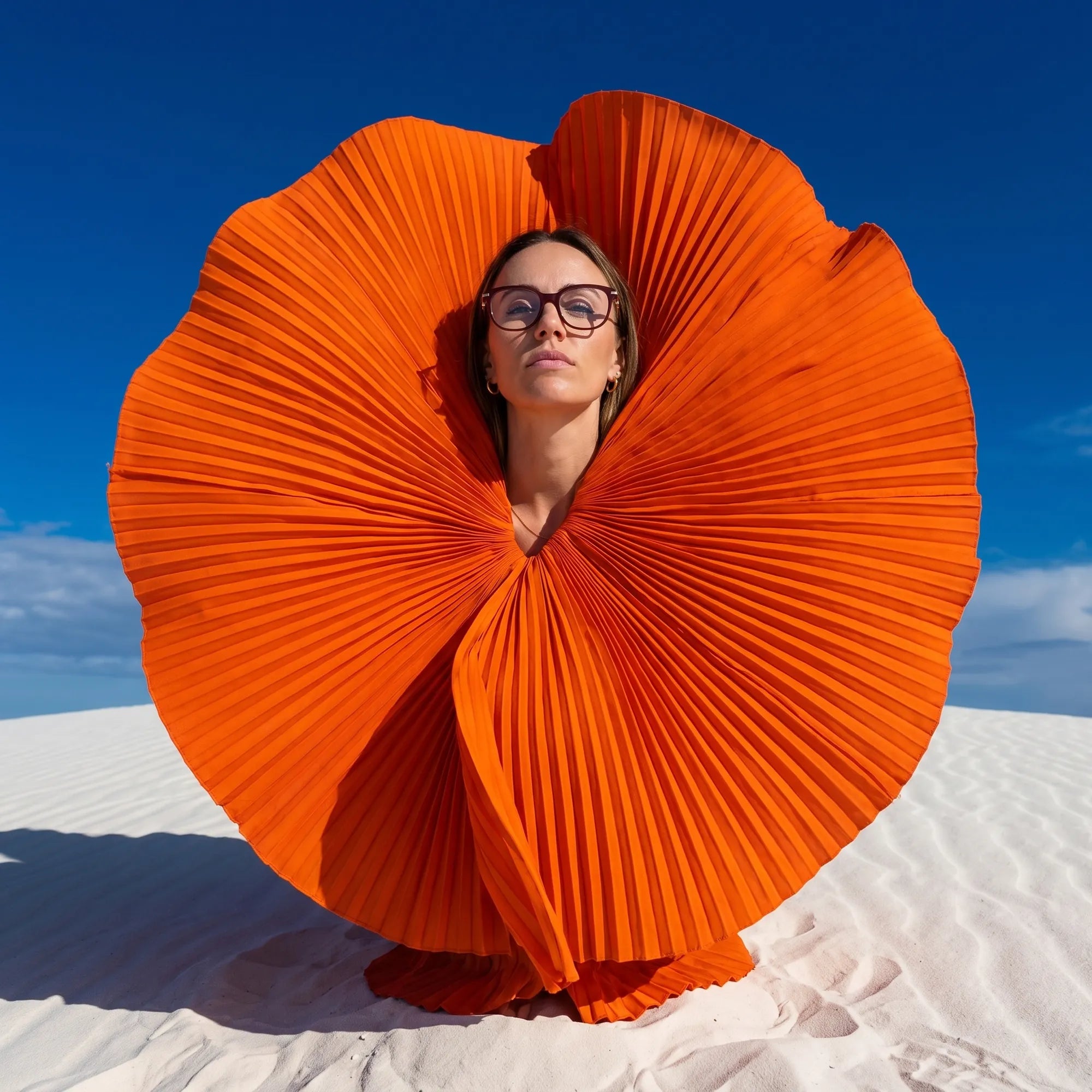 Fiore 5409 eyeglasses in brown red, worn by a model – campaign portrait, sculptural orange pleated fan on white dunes