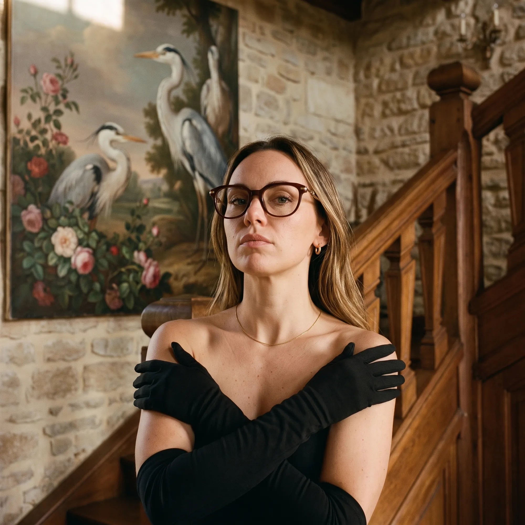 Fiore 5409 eyeglasses in brown red, worn by a model – campaign portrait, manor interior, heron painting and opera gloves