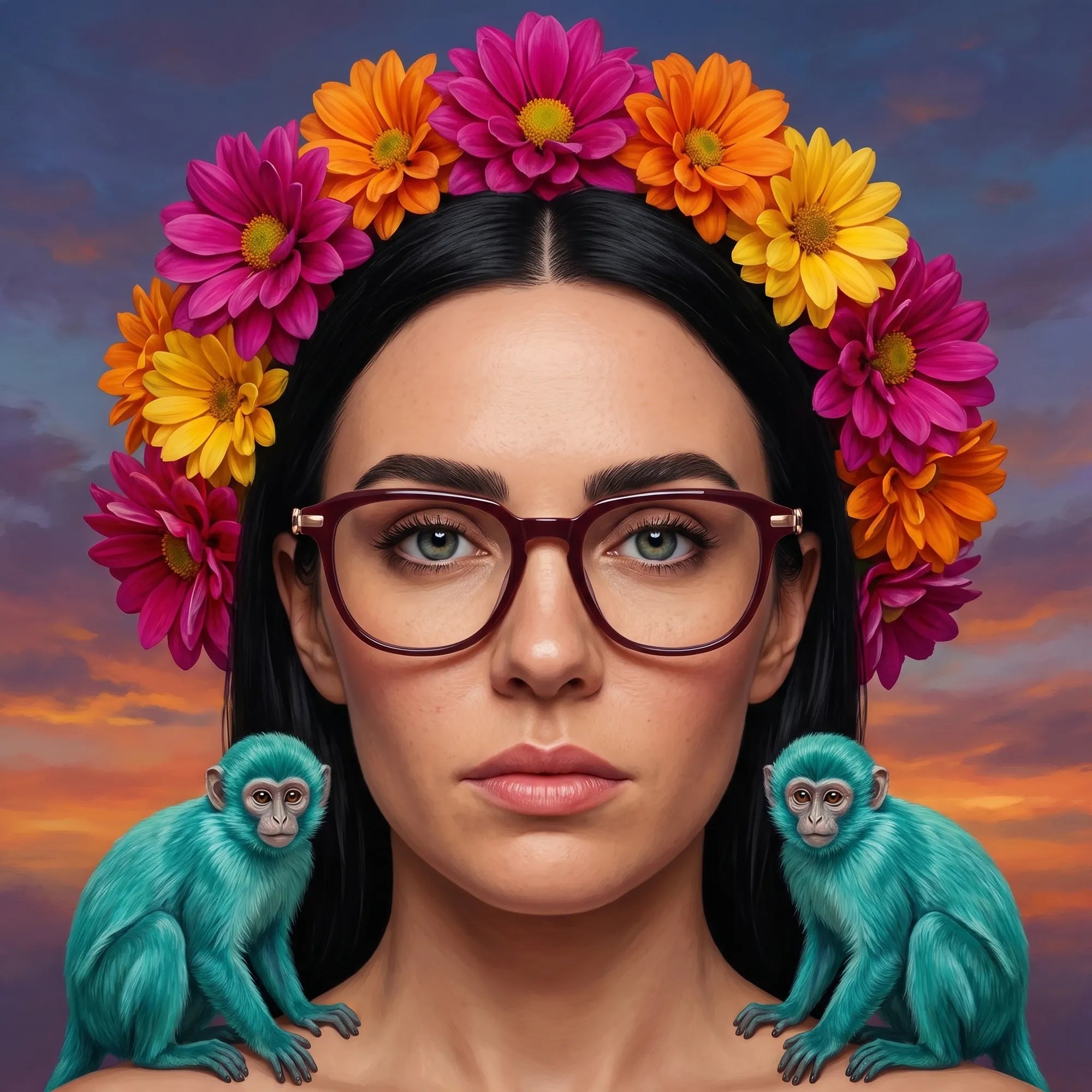 Fiore 5409 eyeglasses in brown red, worn by a model – campaign portrait, surreal painted portrait with flower crown