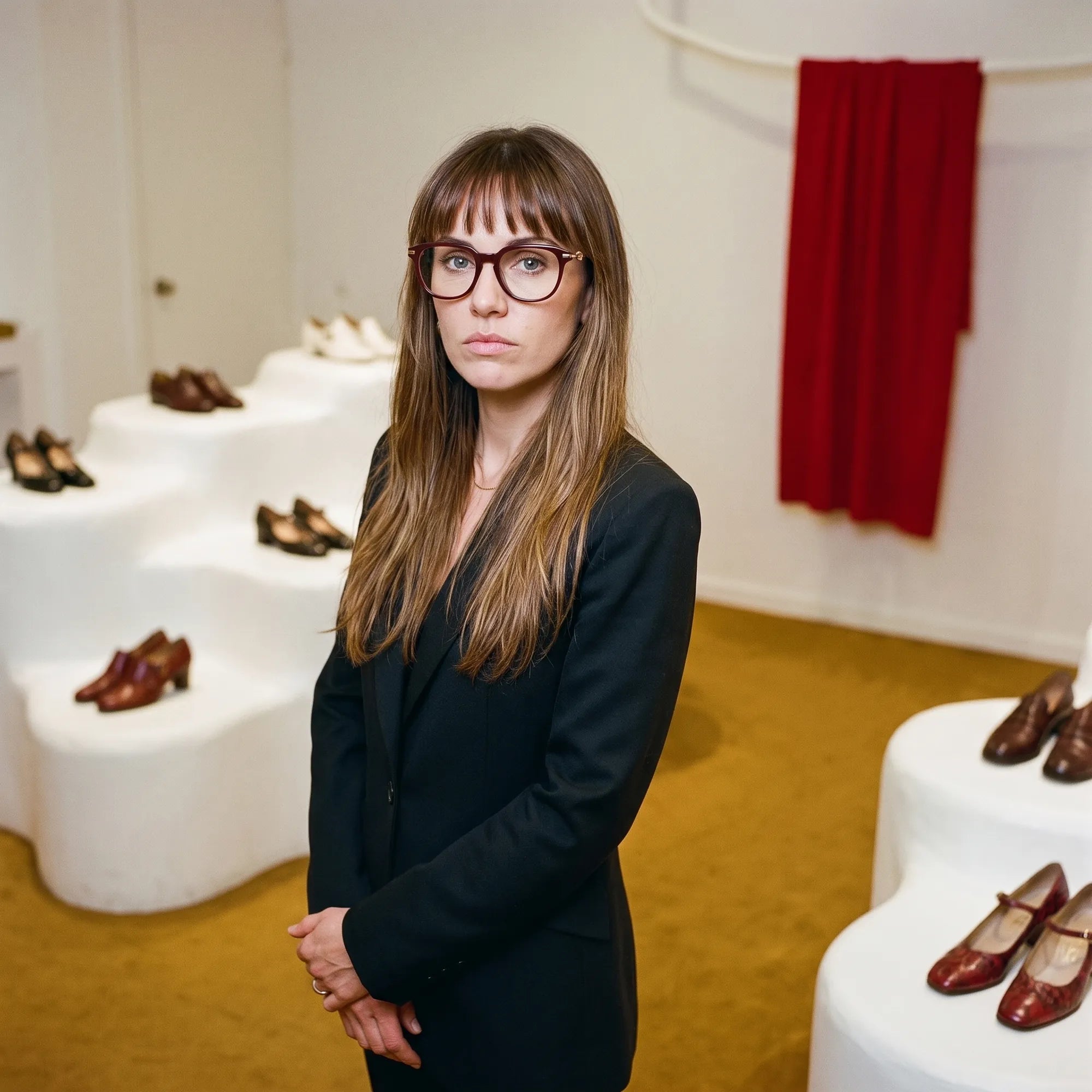 Fiore 5409 eyeglasses in brown red, worn by a model – campaign portrait, gallery scene with red curtain and plinths
