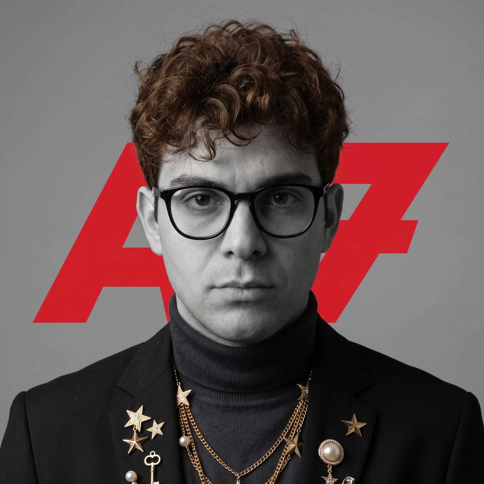Fiore 7046 eyeglasses in black, worn by a model – campaign portrait, graphic studio portrait with bold red shapes