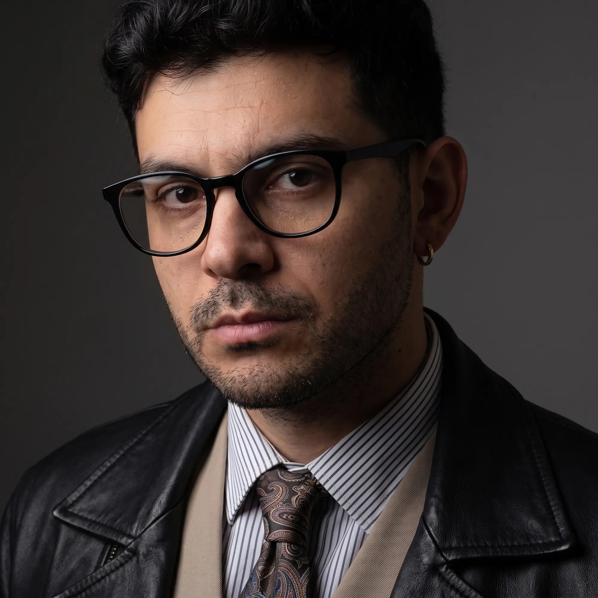 Fiore 7046 eyeglasses in black, worn by a model – campaign portrait, minimal studio portrait in soft daylight