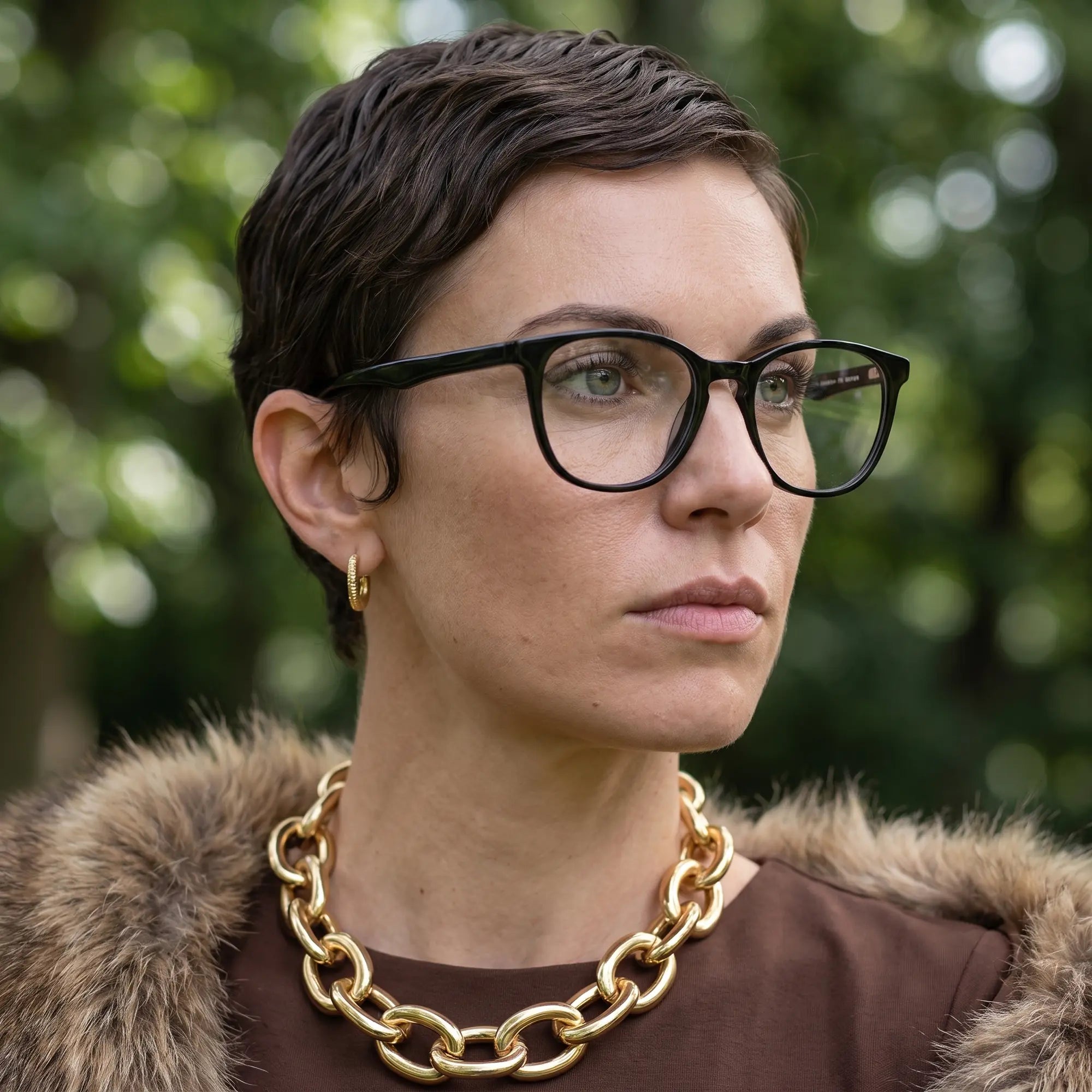 Fiore 7046 eyeglasses in black, worn by a model – campaign portrait, fur-collar portrait in dappled daylight