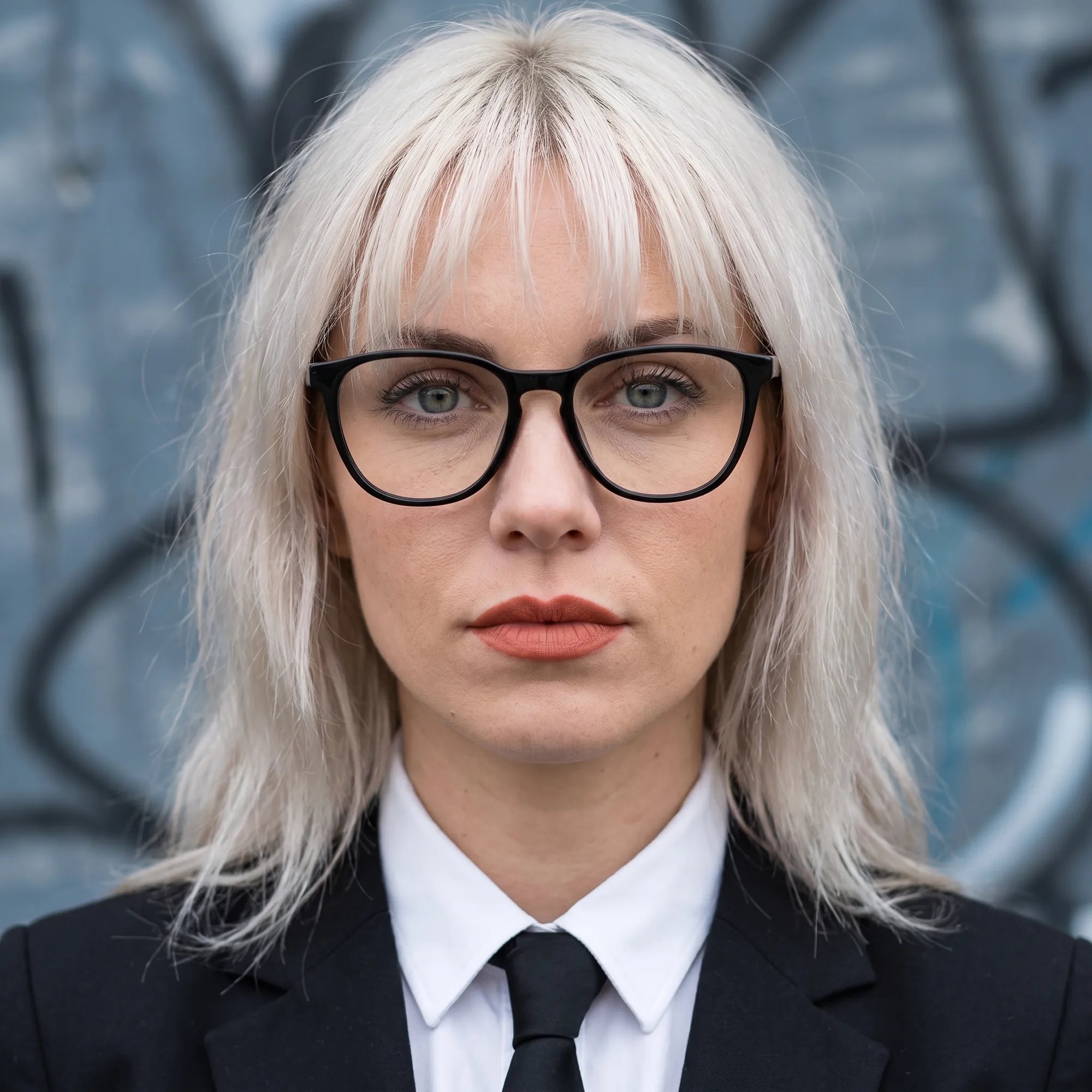 Fiore 7046 eyeglasses in black, worn by a model – campaign portrait, confident portrait with gold chain necklace