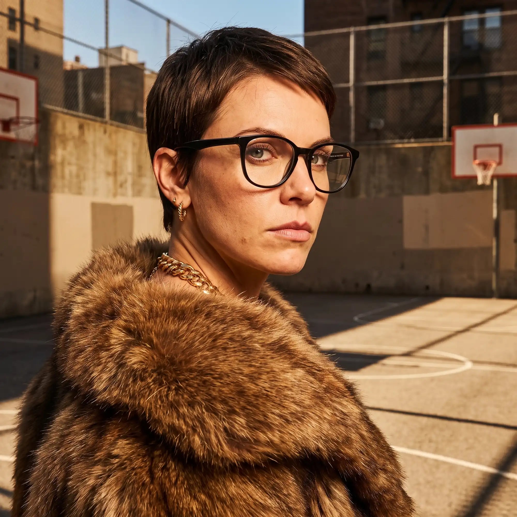 Fiore 7046 eyeglasses in black, worn by a model – campaign portrait, street portrait rooted in city heritage