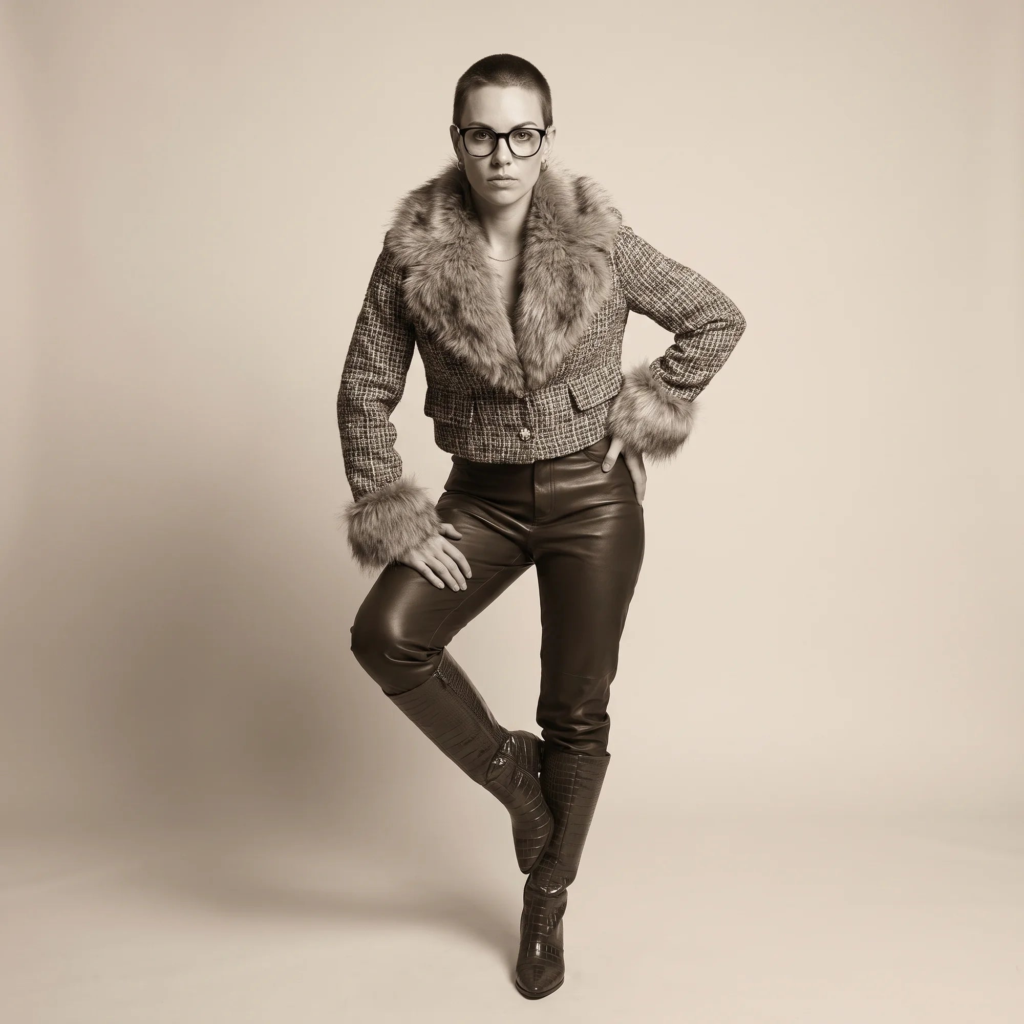 Fiore 7046 eyeglasses in black, worn by a model – campaign portrait, full-length studio portrait in tweed and leather