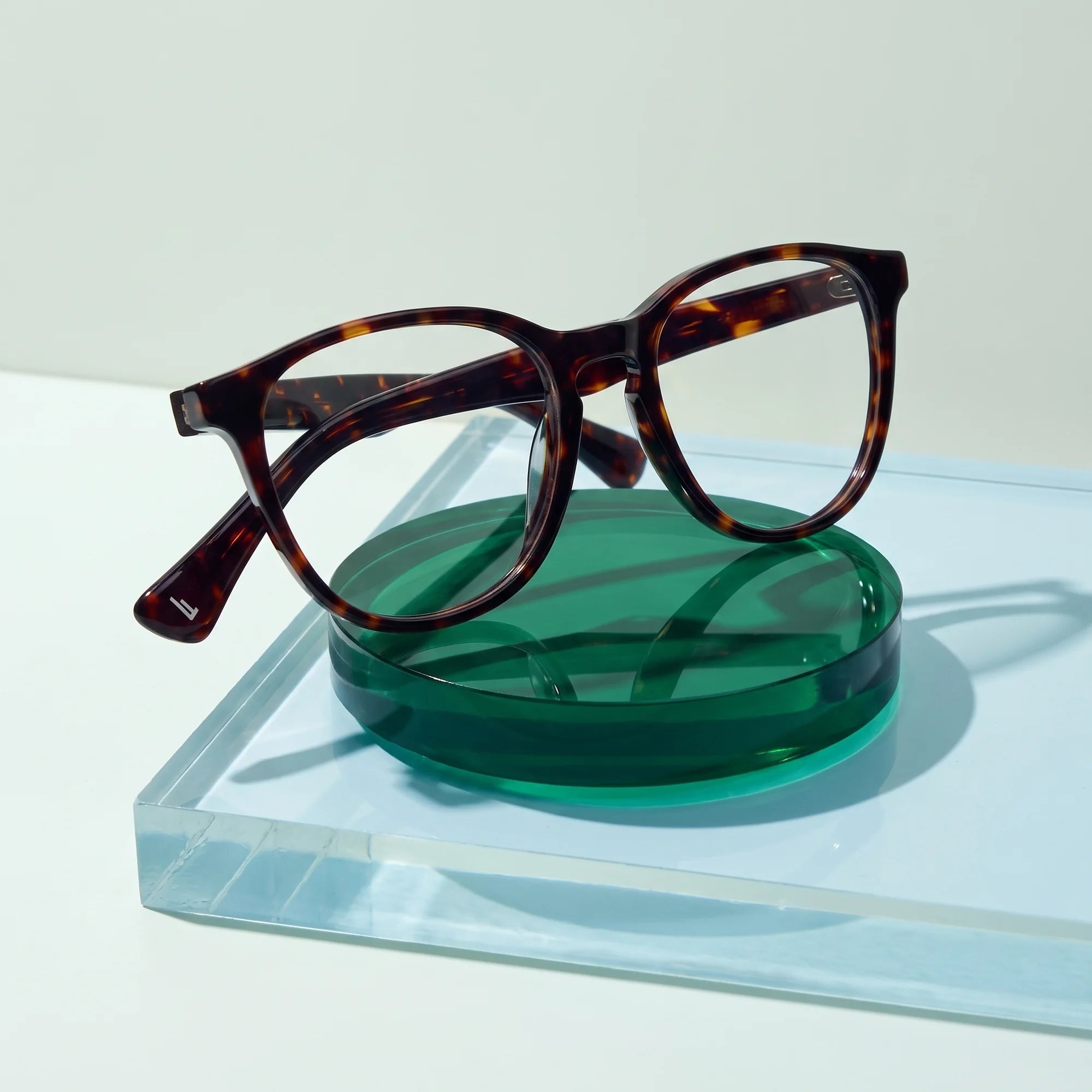 Fiore 7046 eyeglasses in tortoiseshell – on a cobalt acrylic disc in soft daylight