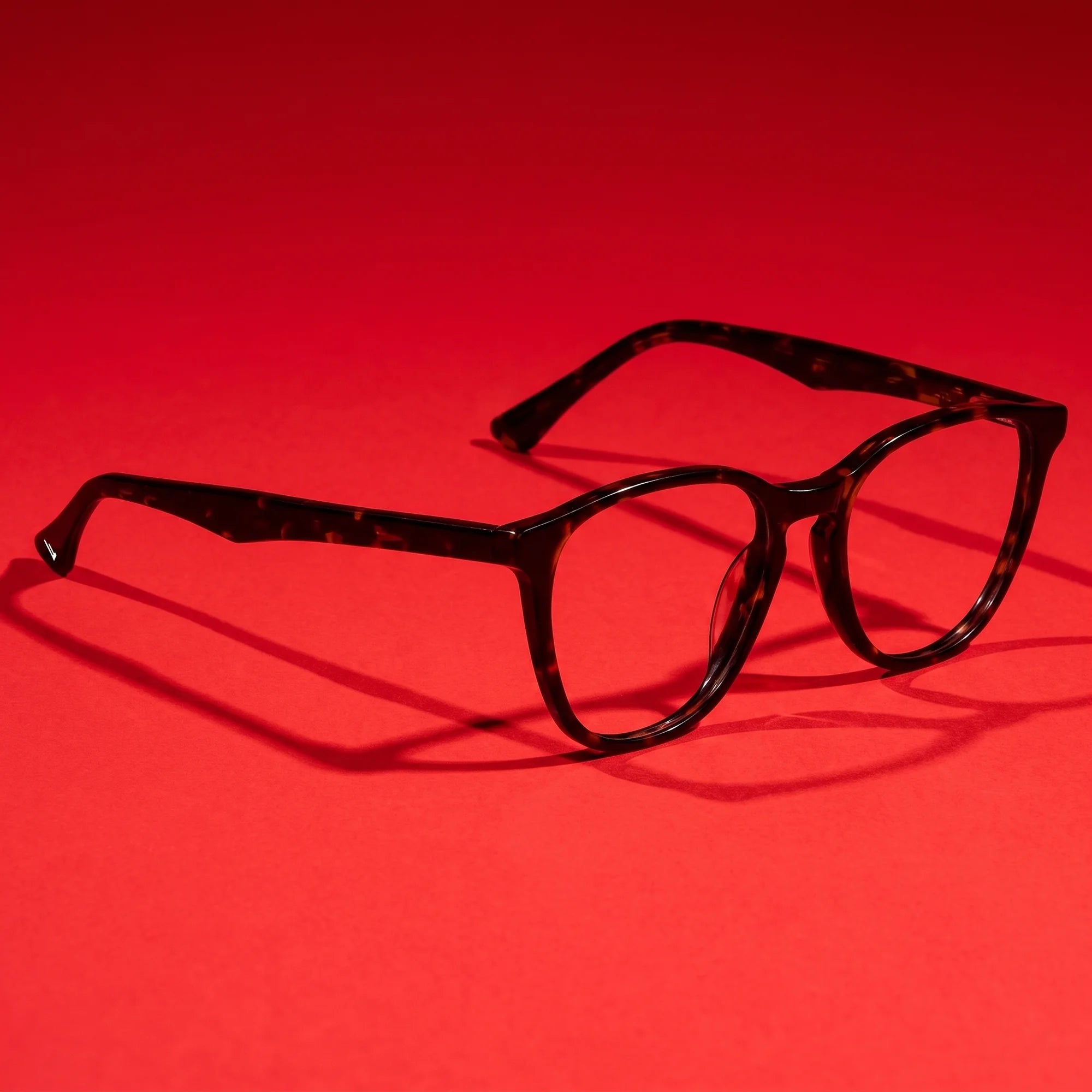 Fiore 7046 eyeglasses in tortoiseshell – editorial still life on a saturated vivid red set