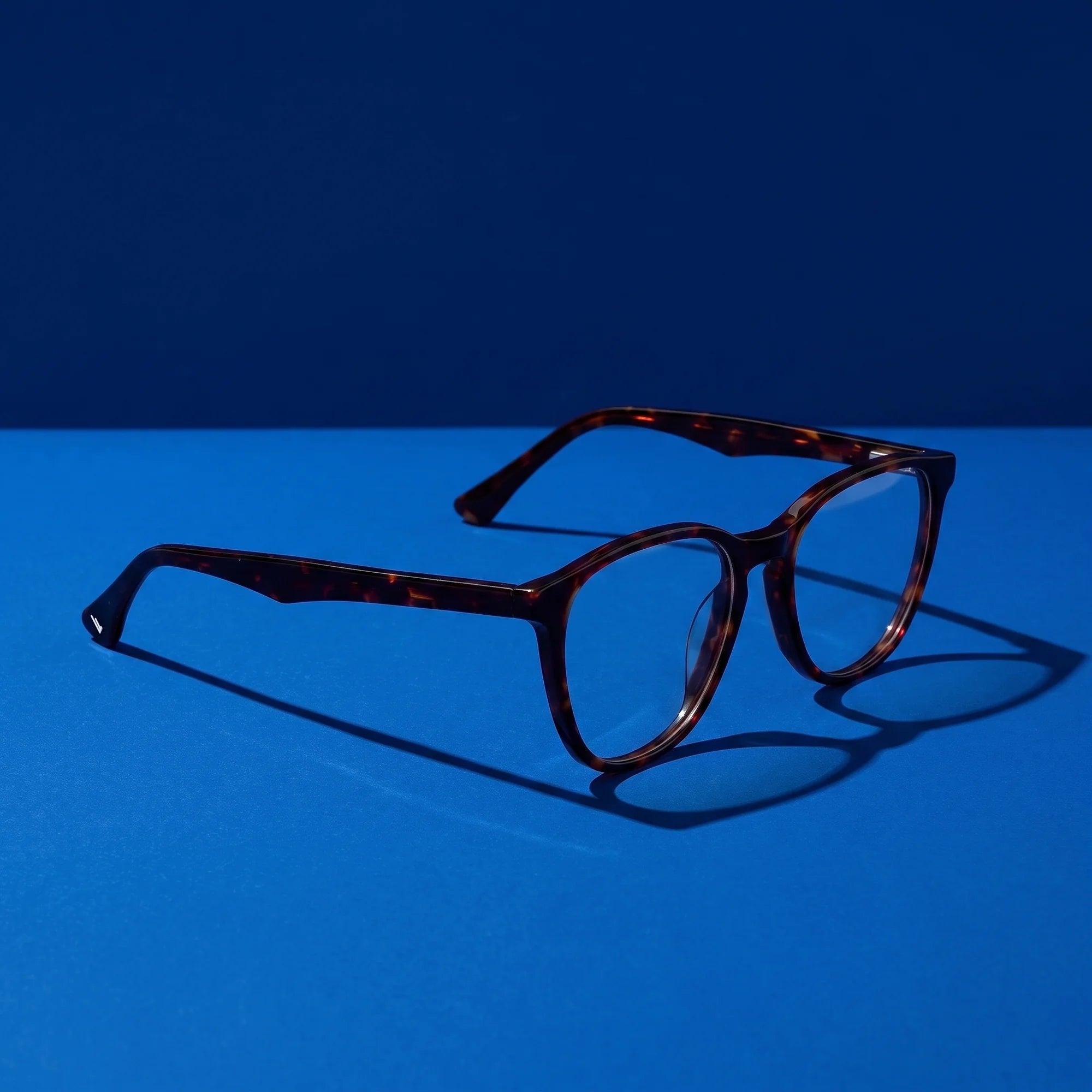 Fiore 7046 eyeglasses in tortoiseshell – hero still life against a deep cobalt backdrop