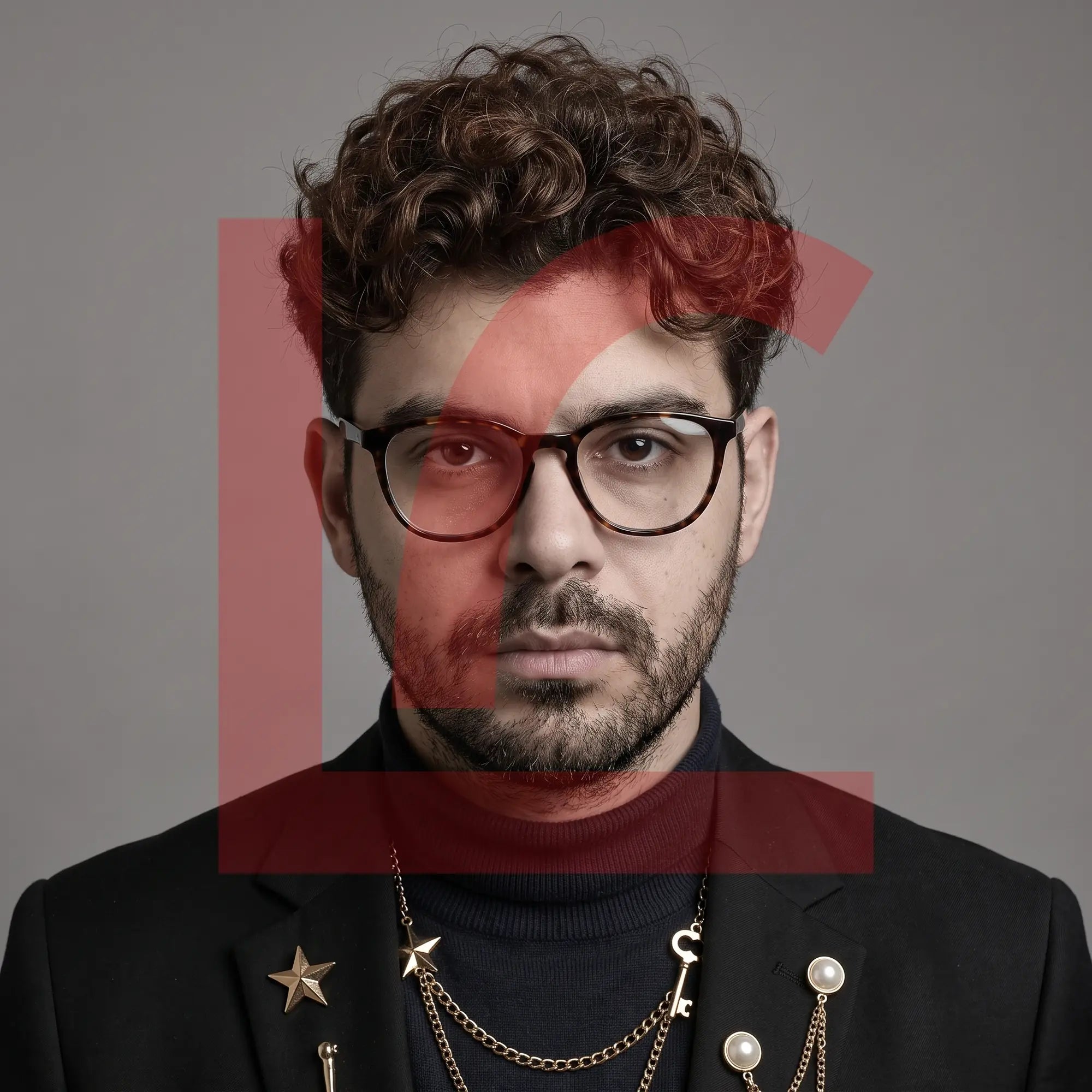 Fiore 7046 eyeglasses in tortoiseshell, worn by a model – campaign portrait, graphic studio portrait with bold red shapes