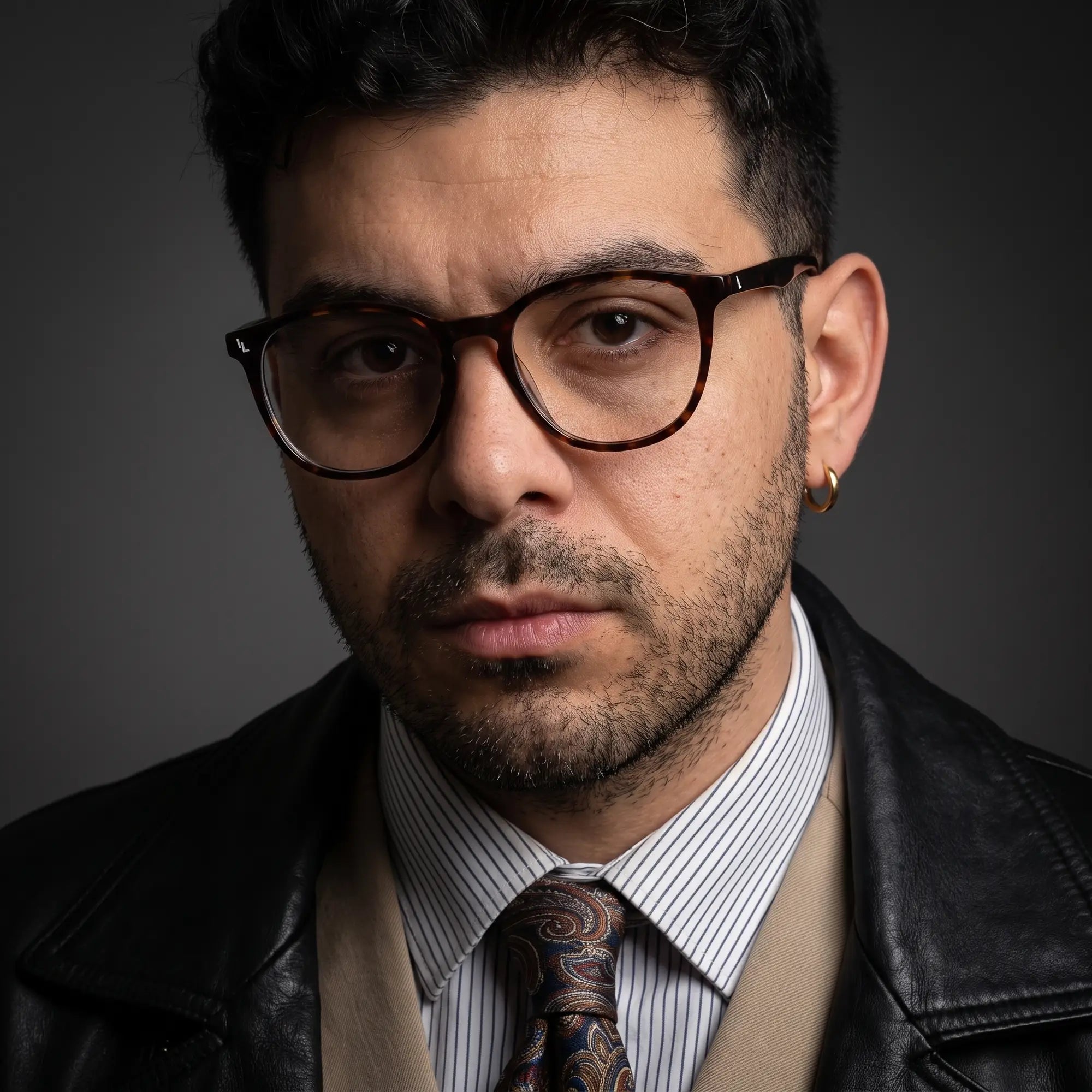Fiore 7046 eyeglasses in tortoiseshell, worn by a model – campaign portrait, minimal studio portrait in soft daylight