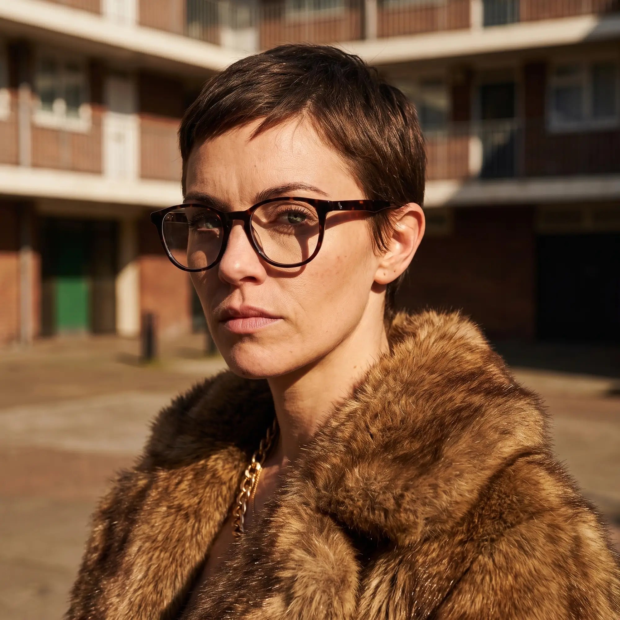 Fiore 7046 eyeglasses in tortoiseshell, worn by a model – campaign portrait, street portrait rooted in city heritage