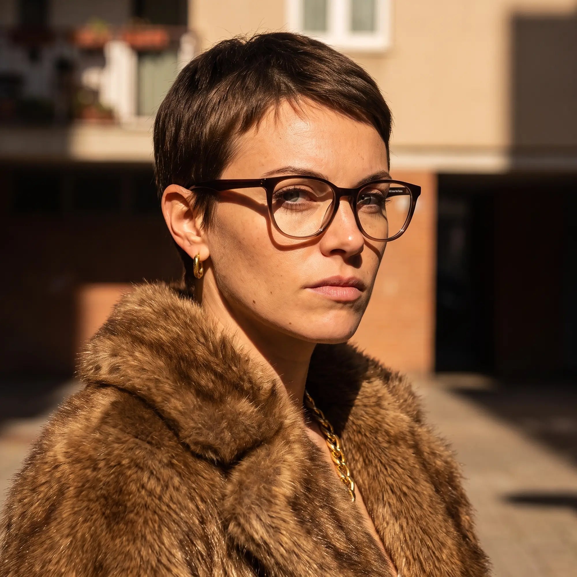 Fiore 7046 eyeglasses in gradual brown, worn by a model – campaign portrait, street portrait rooted in city heritage