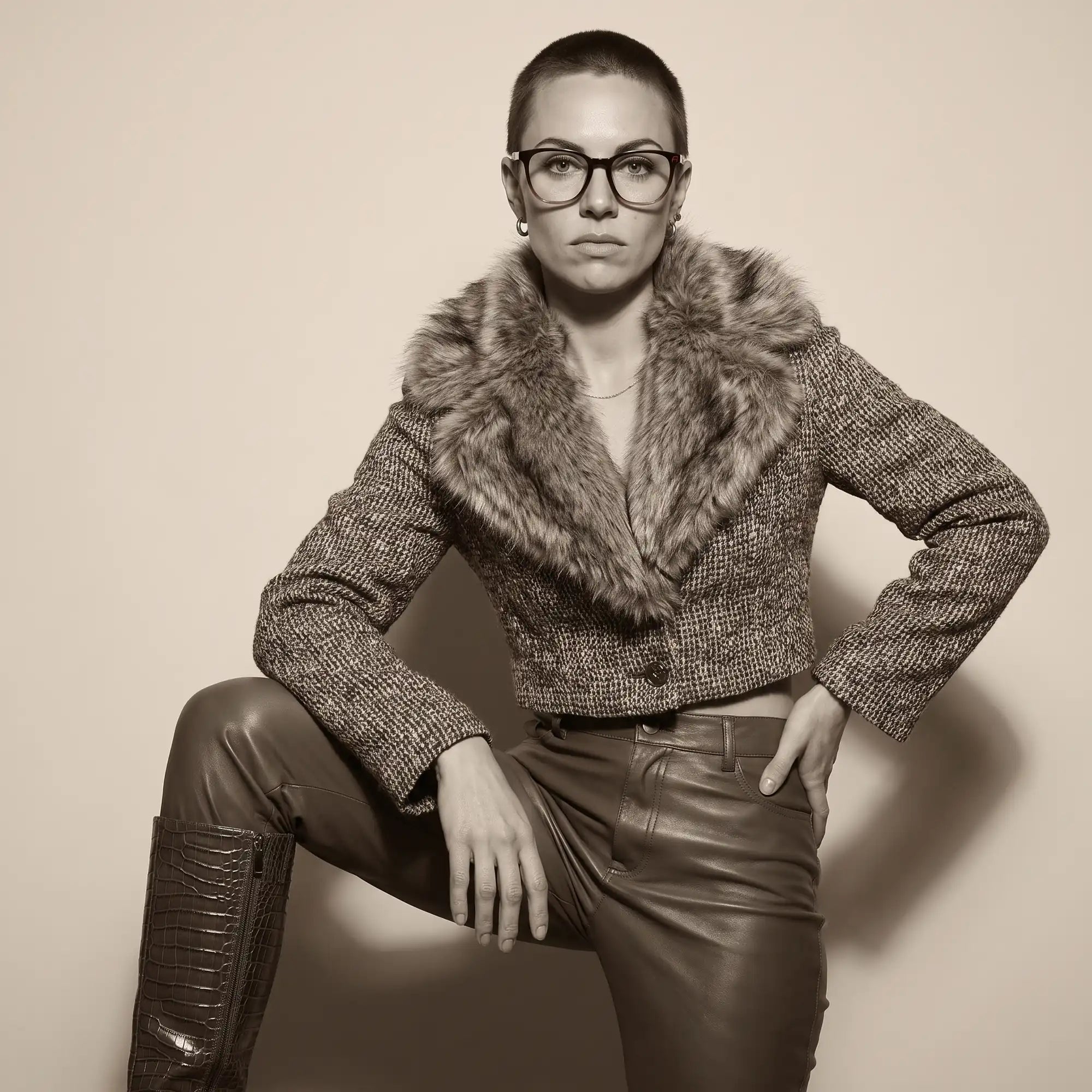 Fiore 7046 eyeglasses in gradual brown, worn by a model – campaign portrait, full-length studio portrait in tweed and leather
