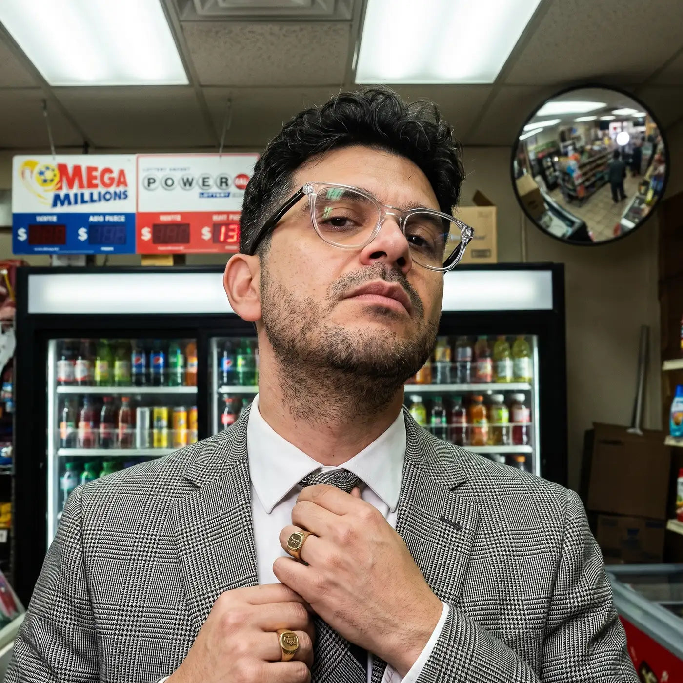Fiore 7046 eyeglasses in transparent, worn by a model – campaign portrait, city heritage portrait on a mural wall