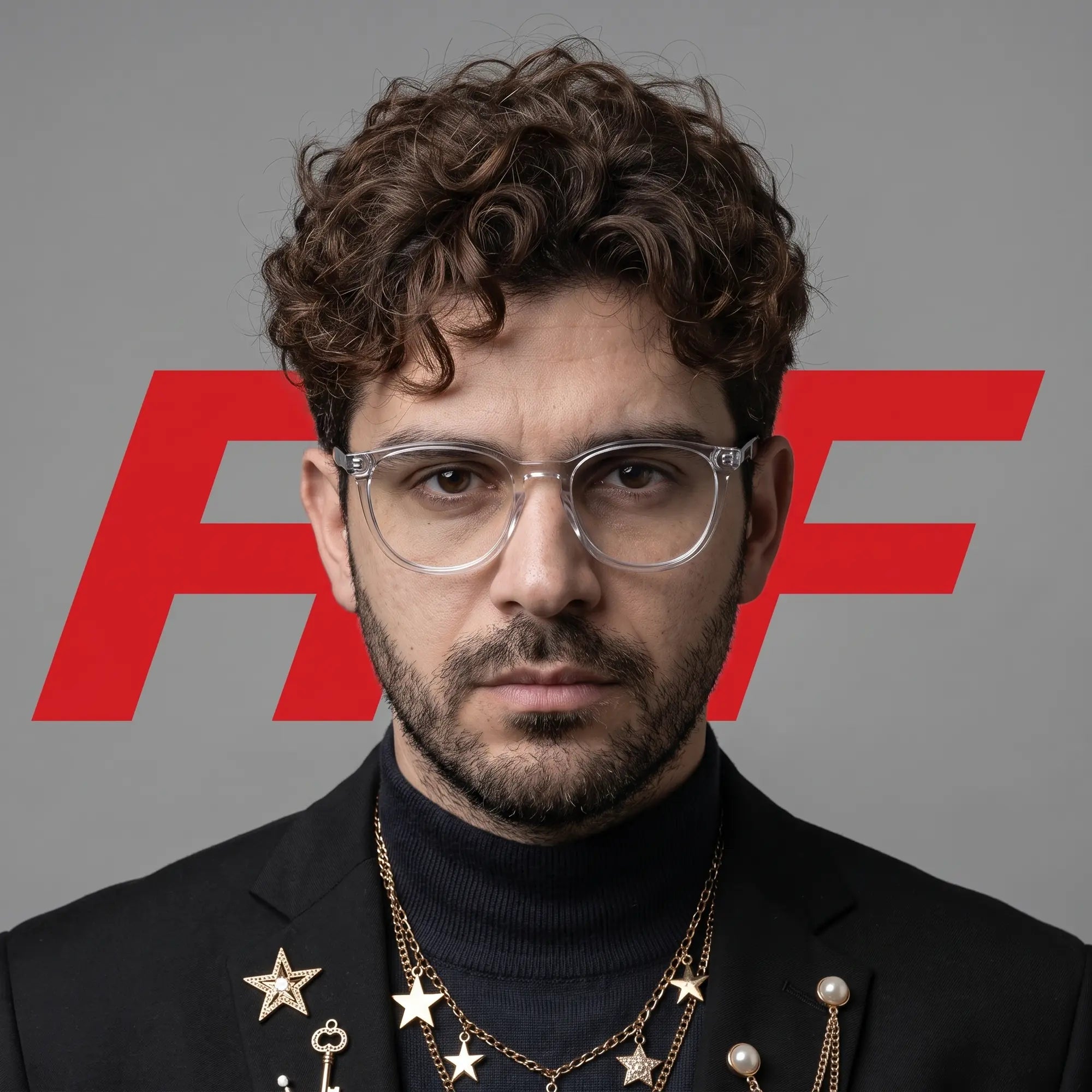 Fiore 7046 eyeglasses in transparent, worn by a model – campaign portrait, graphic studio portrait with bold red shapes